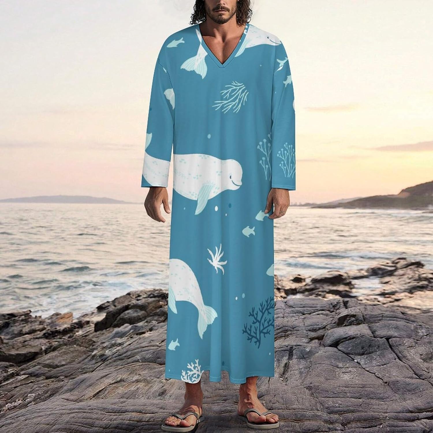 Fantastic Beluga Whale Men's Kaftan Thobe Long Sleeve Robe V Neck Casual Gown