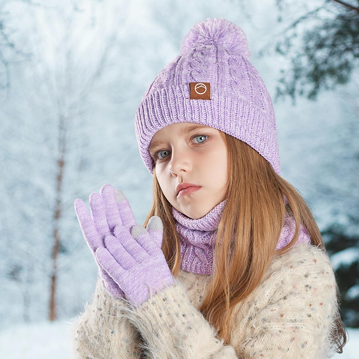 KIRAAT Kids Winter Pom Beanie Hat Scarf Gloves Set,Toddler Girls Boys Warm Knitted Fleece Lining Woollen Cap for 3-10 Years - Image 6