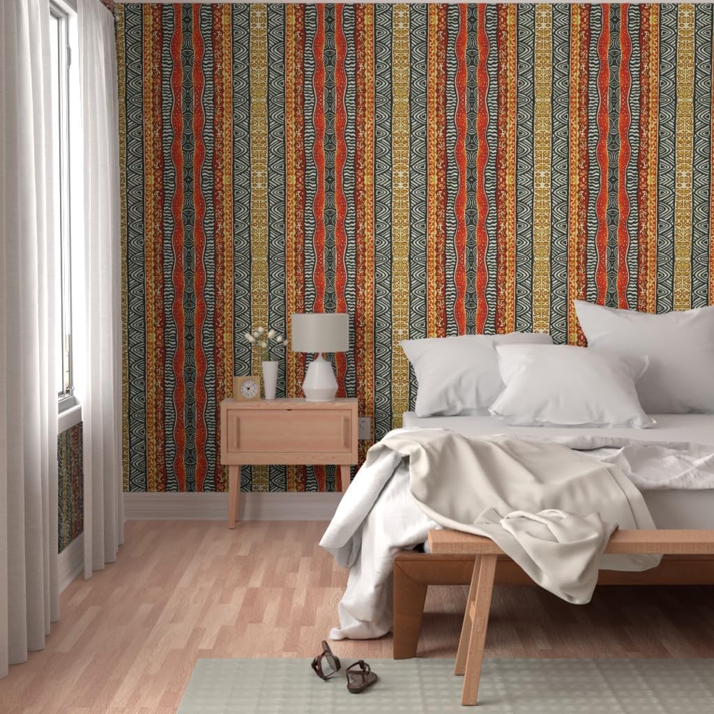 Peel & Stick Wallpaper 3ft x 2ft - African Inspired Stripes Mudcloth Colorful Earth Tones Vibrant Custom Removable Wallpaper by Spoonflower