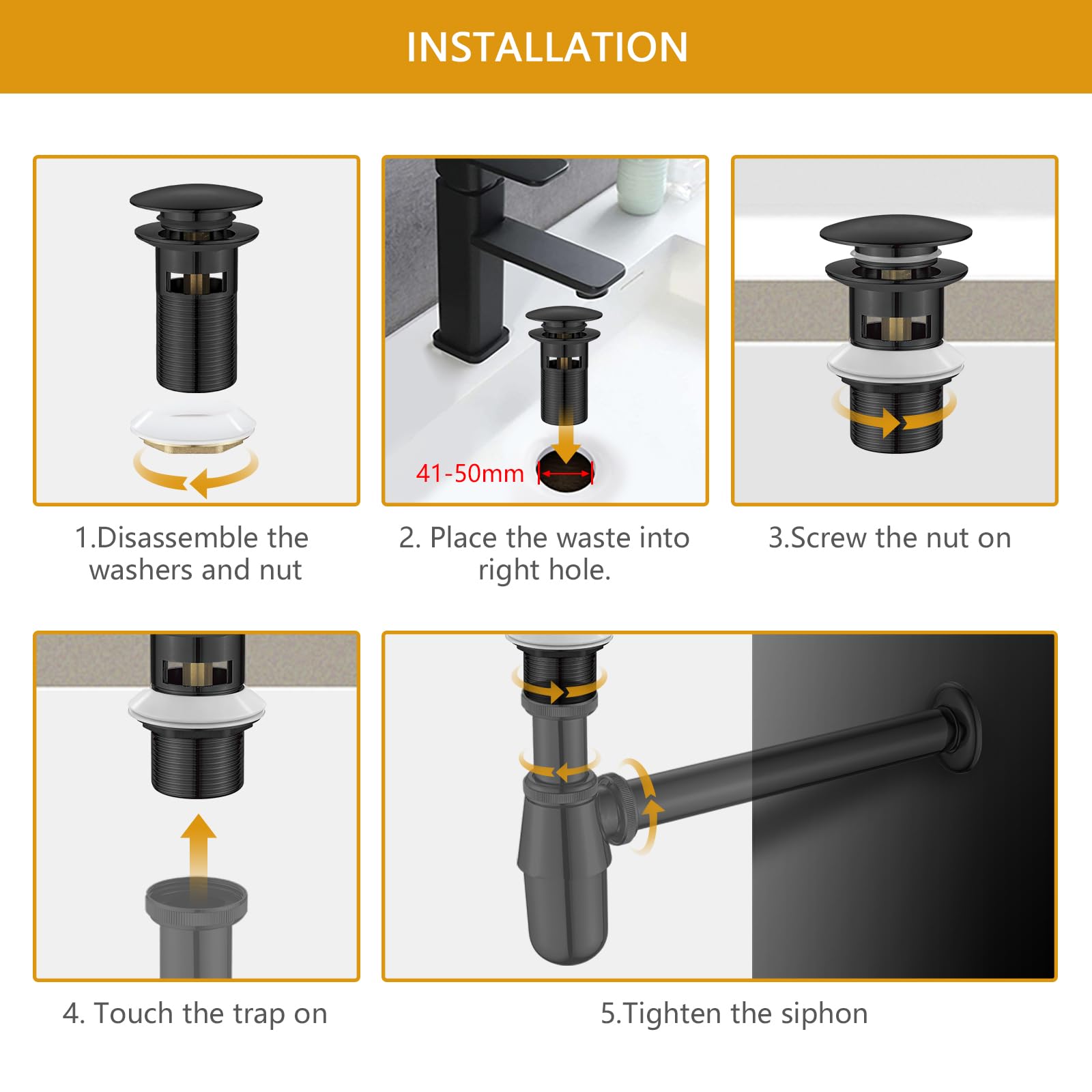 Ibergrif Tapón Pop Up Lavabo con Rebose, Válvula Desagüe Click Clack para Lavabo con Rebosadero, Tapón de Drenaje Latón Negro Mate, Instalación Sin Herramientas, Compatible Ø41-50 mm, M20502B