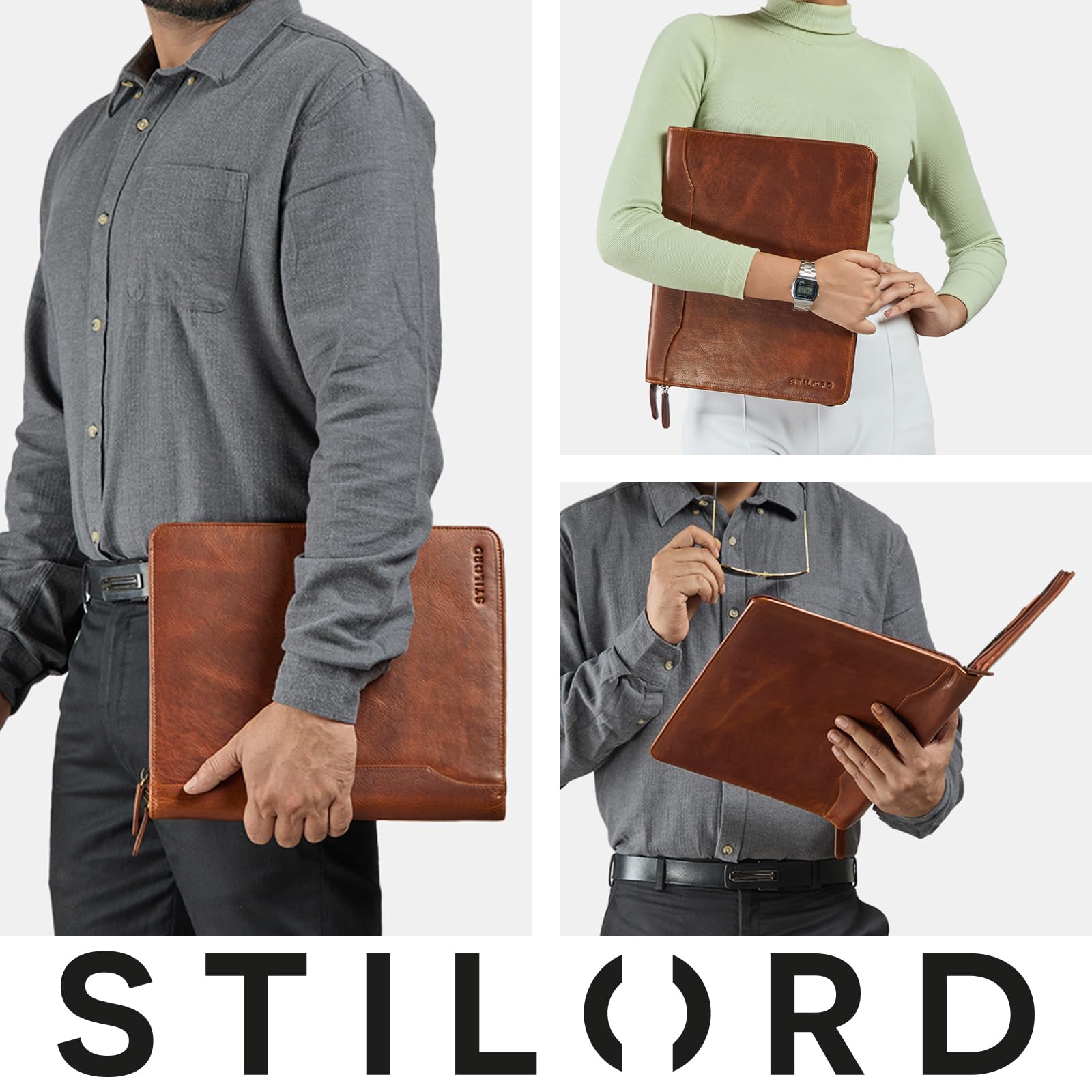 STILORD 'Wesley' Elegante Carpeta de Cuero A4 Portadocumentos Cognac con Cremallera - Gran Porta Documentos Piel Autentica Tablet de 13 Pulgadas para Oficina y Reuniones