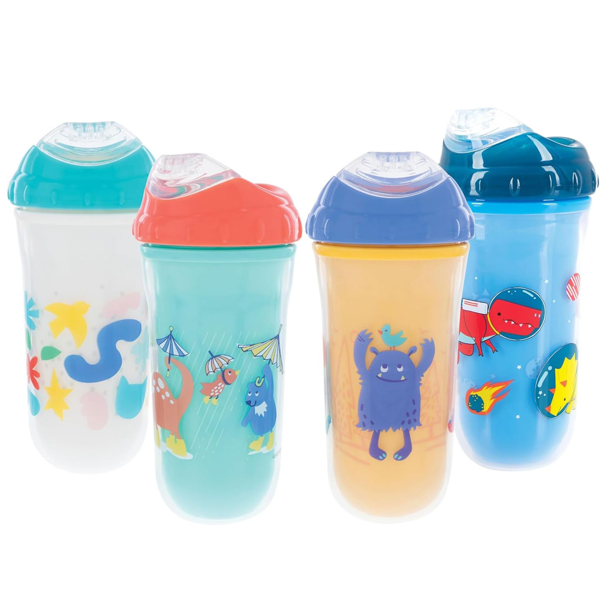 Nuby No Spill Insulated Transition Cup with Soft Rim Spout | 9 oz/ 270 ml | 2 pack: Aqua Animals & White Shapes or Blue Dinosaurs & Yellow Monsters | 18 months +