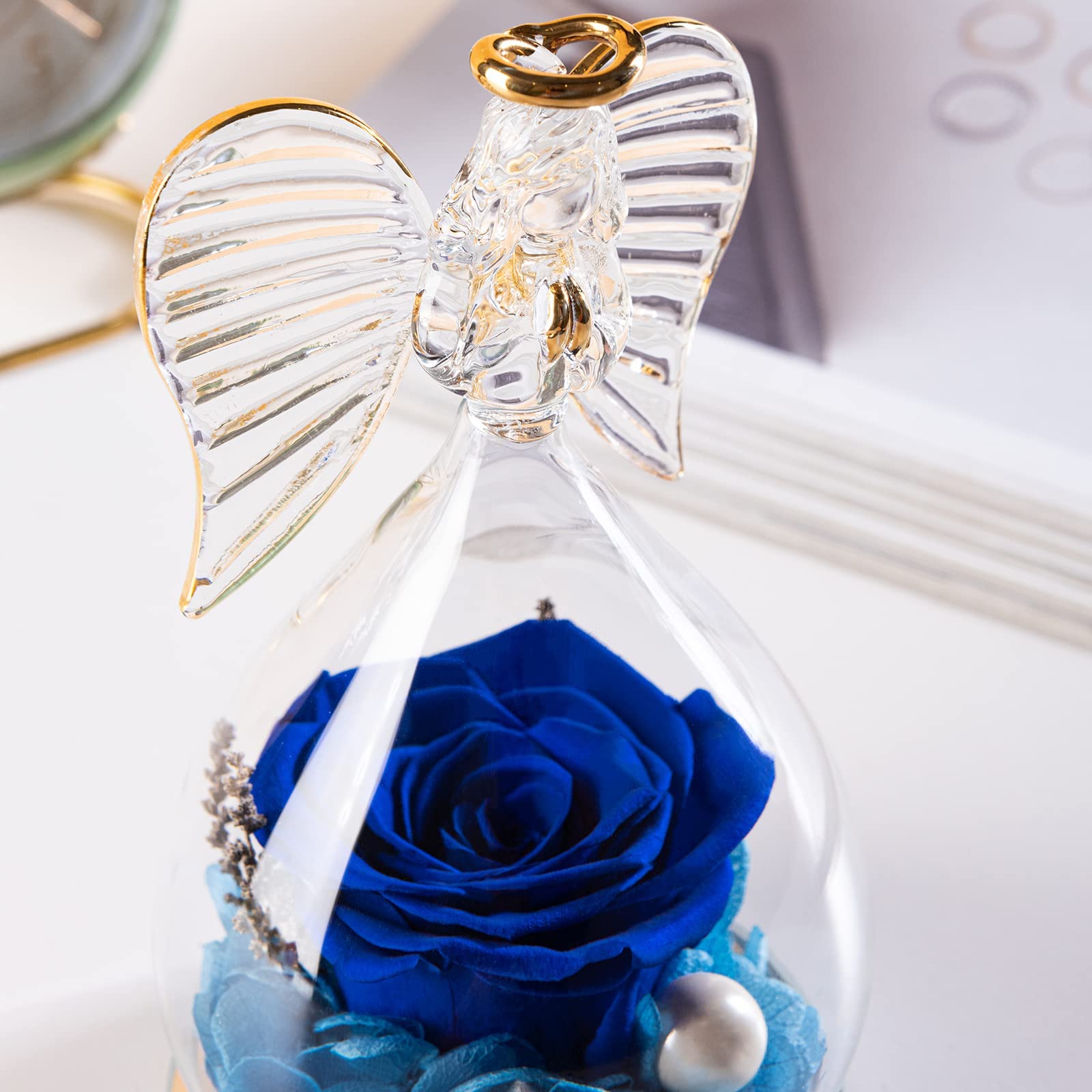 Qinqinxin Cadeau voor mama oma, eeuwige roos koepel glas engel, handgemaakte eeuwige bloem engelfiguur, origineel verjaardagscadeau cadeau voor haar Valentijnsdag (blauw