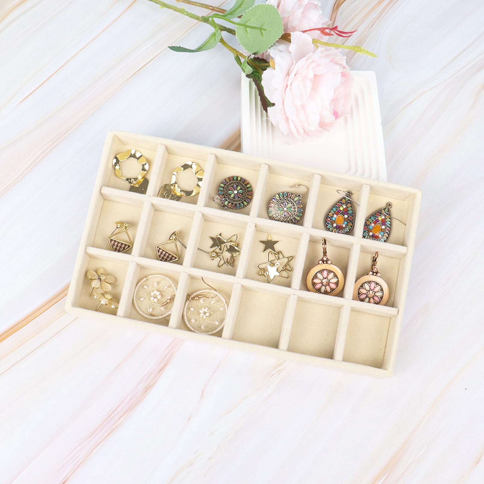 Plateaux Rangement Bijoux Velours - Lot De 2 - 12.5x9.5x2.5cm - Organisateur Tiroir Beige