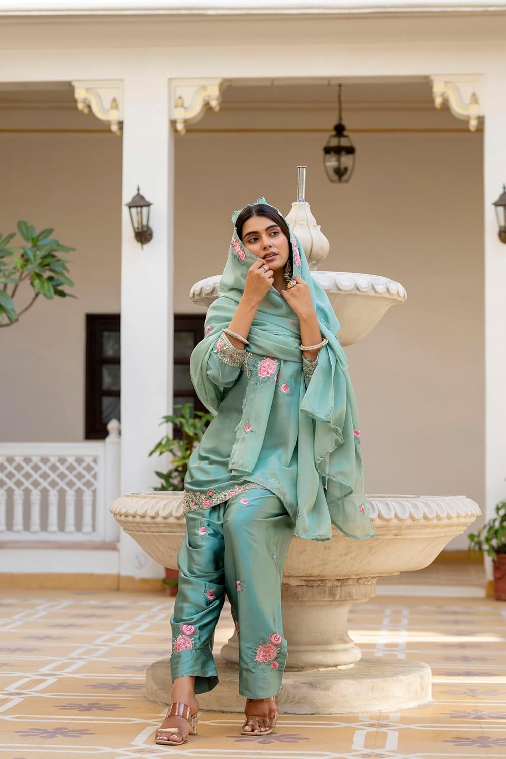 Women Patiala Suit Set Japan Satin Kurti with Dhoti Dupatta Punjabi Festive Wedding Wear Outfit