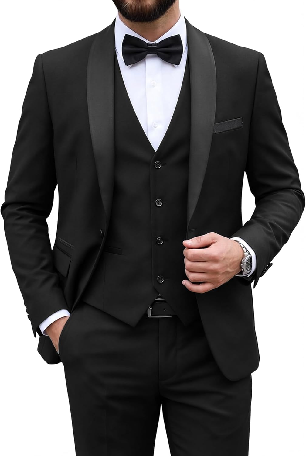 MY'S Mens 3 Piece Suit Set, One Button Shawl Lapel Tuxedo, Slim Fit Dinner Jacket Vest Pants & Tie, for Party Wedding Proms