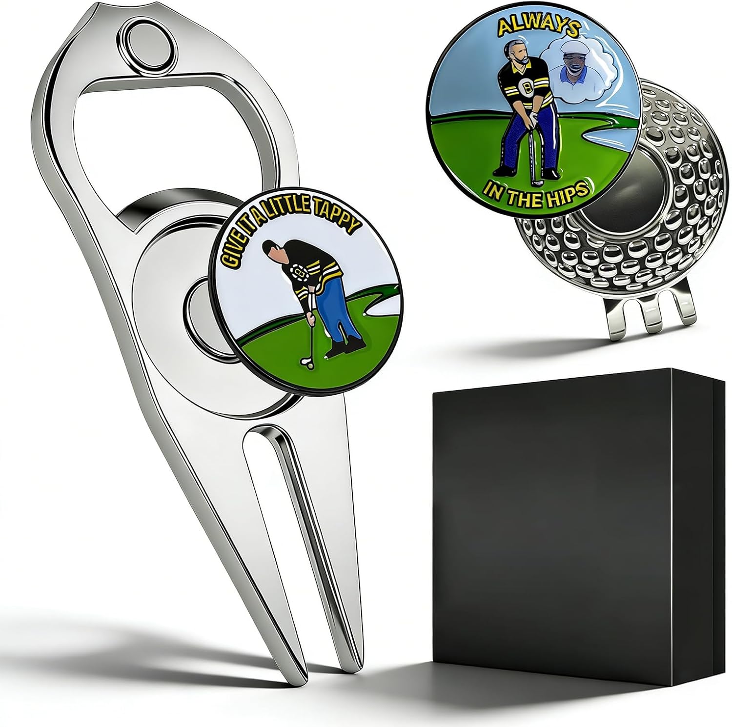 Funny Golf Divot Tool and Ball Marker with Magnetic Hat Clip set, Personalized Happy-Gilmore Golf Markers for Putting Green, Special Golf Gift in Black Box for Men Birthdays, Father’s Day, Holidays