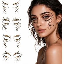 4 Pairs Leopard Print Temporary Tattoos, Gold Glitter Under-Eye Face Decals with Rhinestone,Wild Animal Print Make up Stickers for Rave Halloween Party