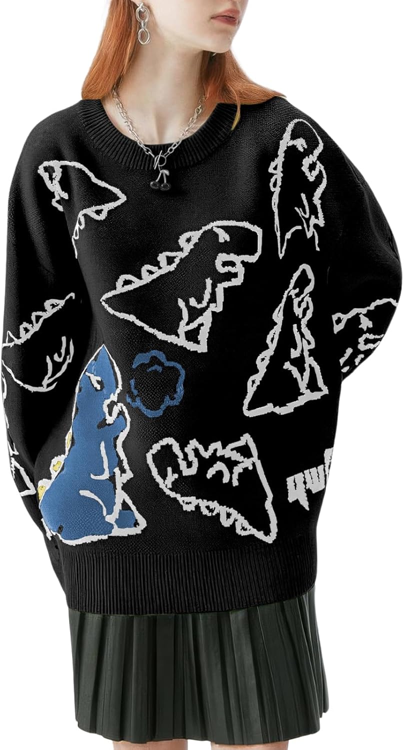 Women's Dinosaur Graphic Sweaters Cartoon Kwaii Knit Crewneck Long Sleeve Oversized Pullover Jumpers