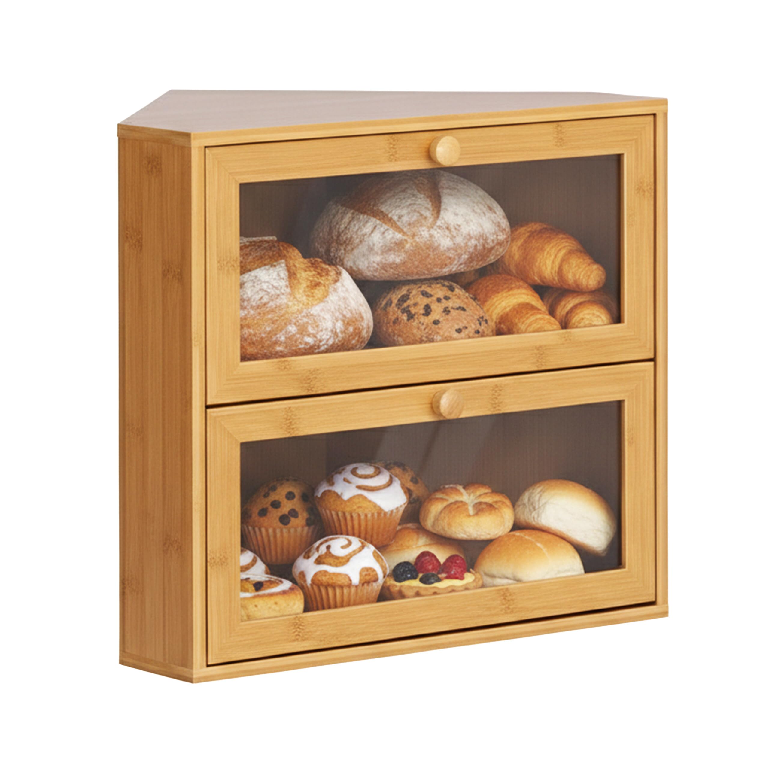 Relaxdays Corner Bread Bin, Bamboo, 2 Tiers, Viewing Window, Space-Saving, Natural, 35x40x27.5 cm