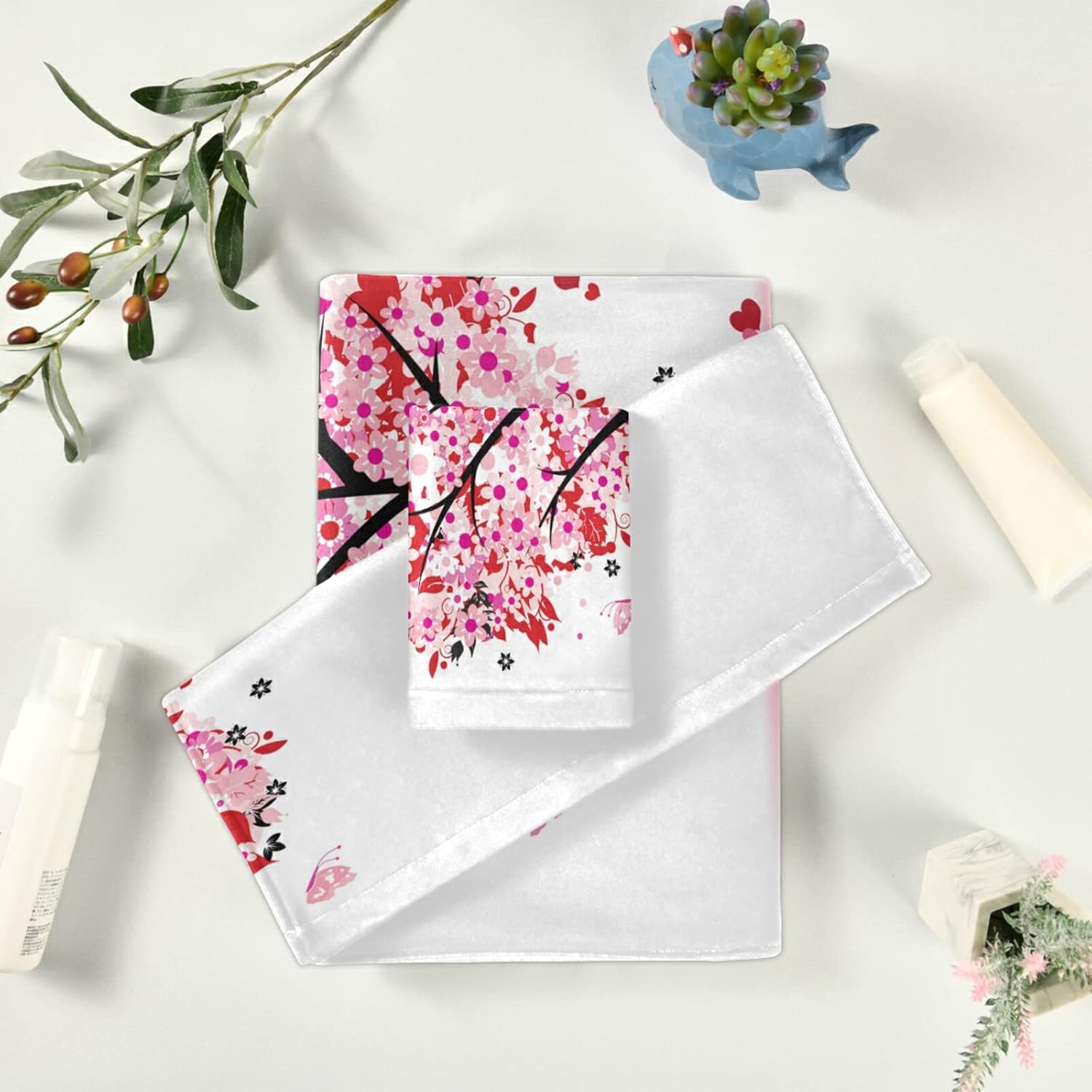 Pfrewn Pink Flowers Heart Tree Towels Set of 3 Romantic Love Spring Trees Butterfly Bathroom Towel Soft Absorbent Bath Hand Towels Washcloth Guest Towel Sets Mother's Valentine's Day Decorations