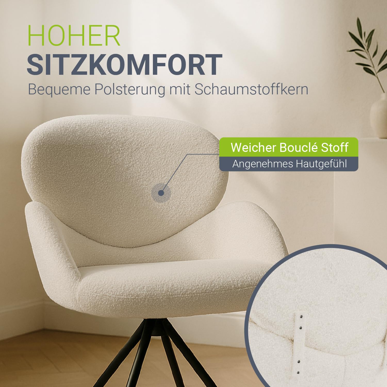 Juskys® Drehstuhl Albano - Bouclé - 360° drehbar & gepolstert, pflegeleichter Bezug, verstellbare Metallfüße, modern, für Esszimmer & Küche - Creme