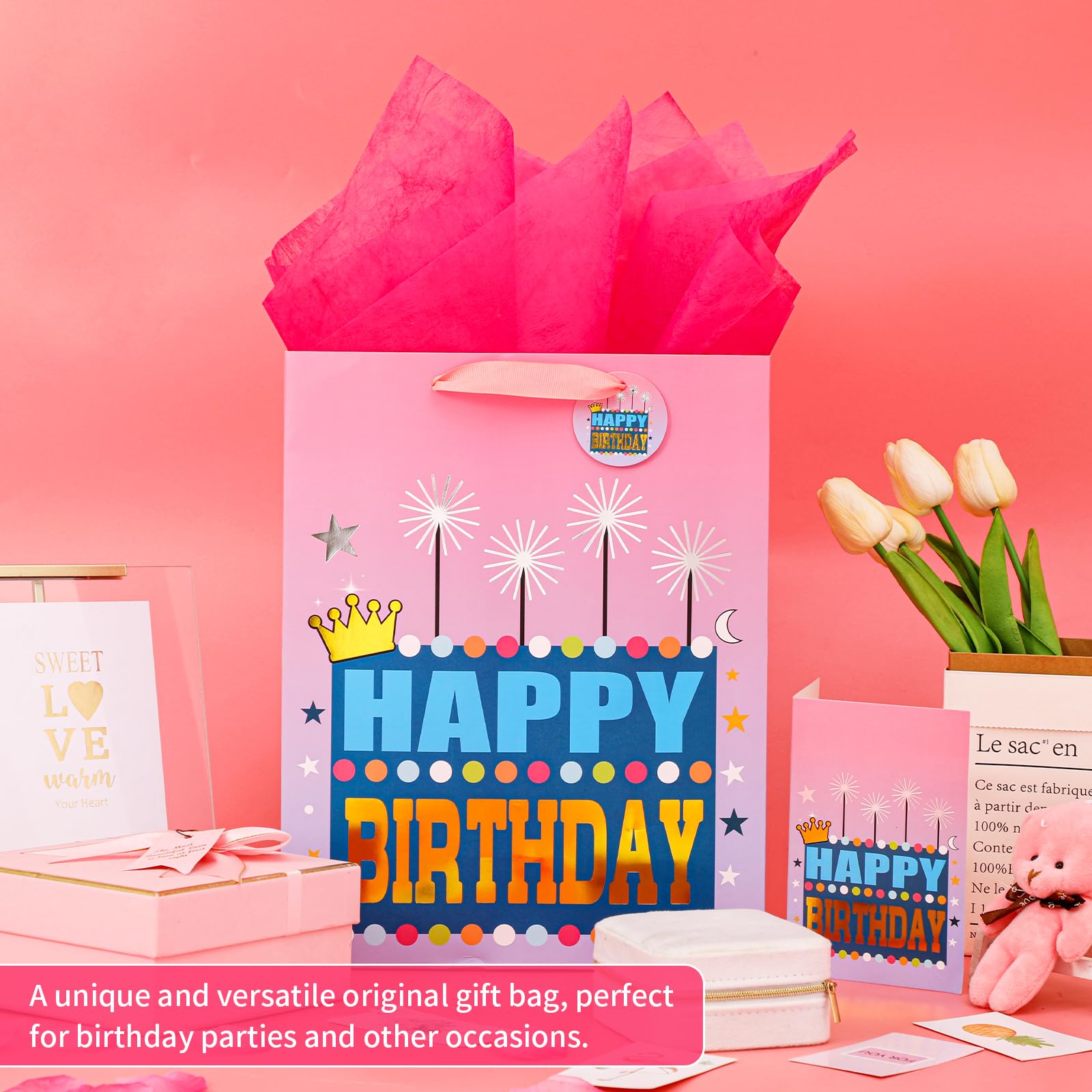 Powbrace 13" Pink Happy Birthday Bag with Tissue Paper and Greeting Card for Party, Happy Birthday Gift Bag for Girls, Kids, Women,Gift Bags Medium size(1 PCS Pink, Gift Bag)