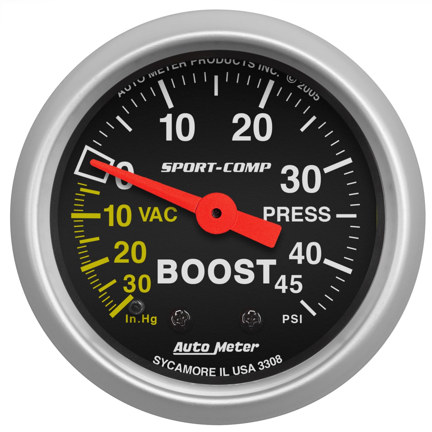 Auto Meter 3308 Sport-Comp Mechanical Boost/Vacuum Gauge, 2.3125 in.