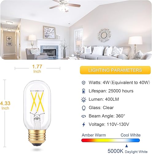 Miniatura 2 de Bombilla LED tubular regulable, luz diurna, 5000 K, 4 W, E26, bombilla T45 T14-40 vatios equivalente a bombillas de filamento para colgante,