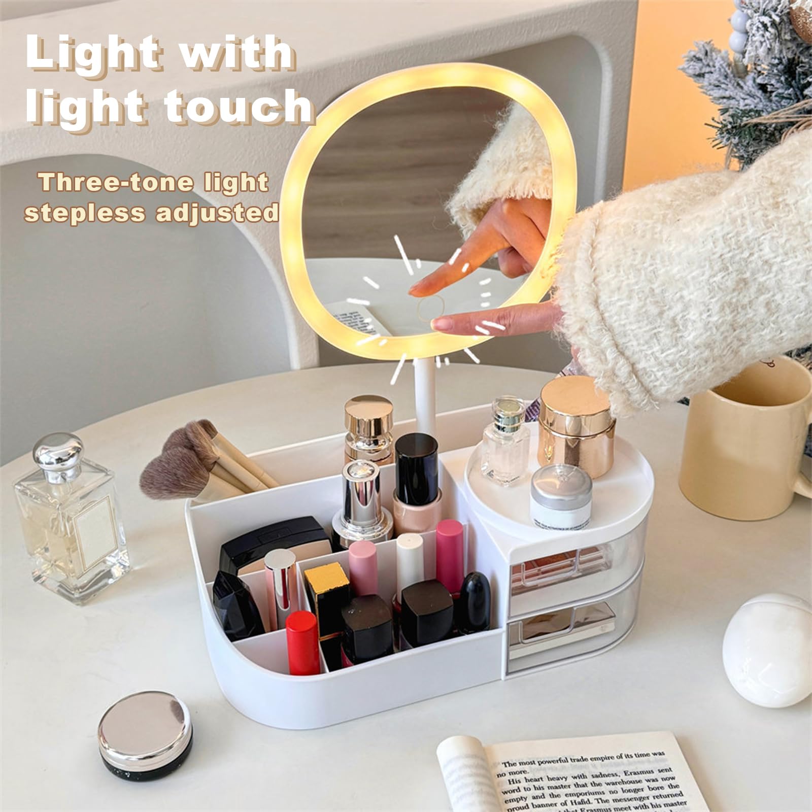 DASITON Makeup Organiser with Rechargeable Mirror, Large Capacity Dressing Table Organiser with 2 Drawers - Image 3