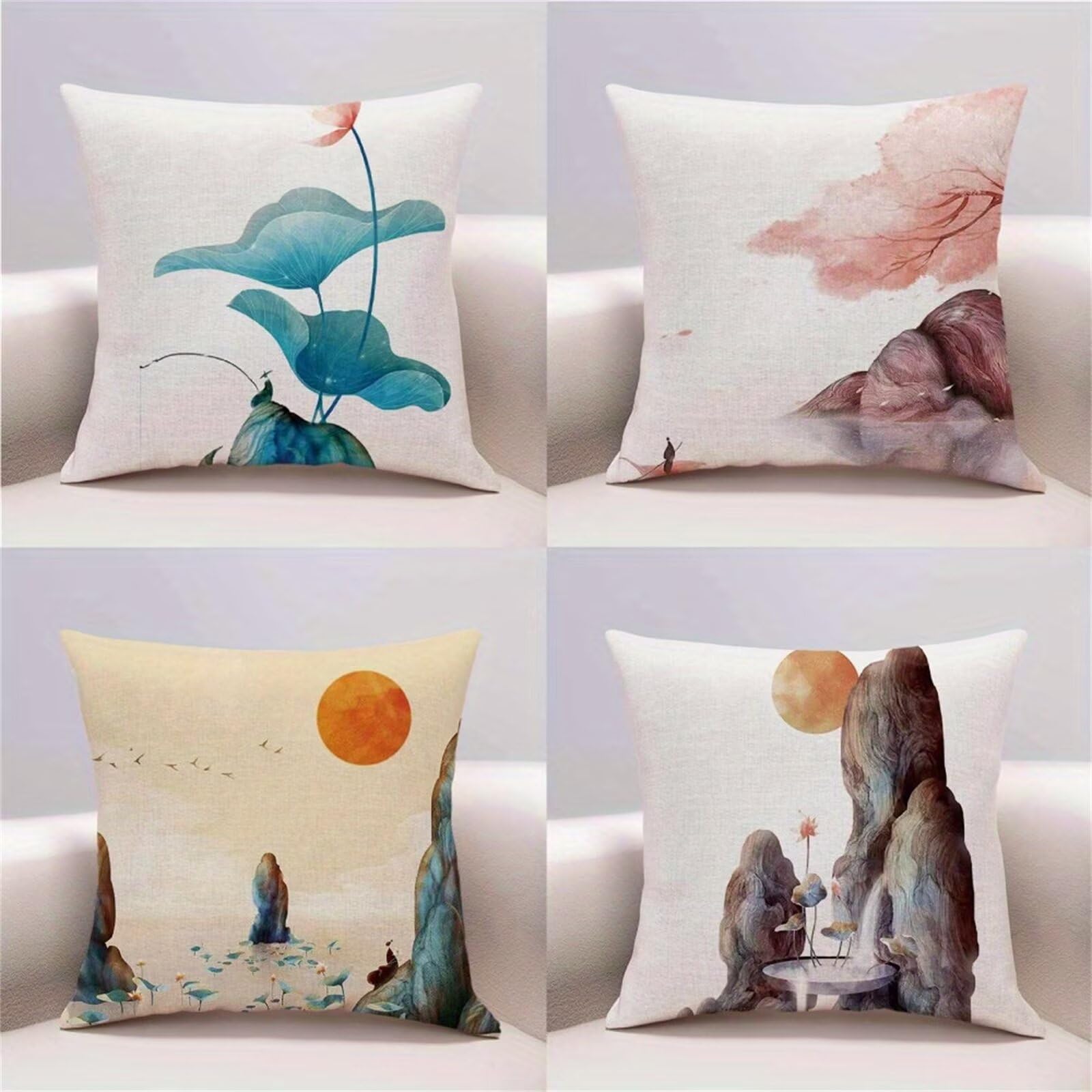 Heaen Outdoor Cushions Covers Waterproof 35x35 cm Set of 4 Square Linen Pillow Cases Chinese Style Decorative Dushions for Sofa Porch Patio Home Decor