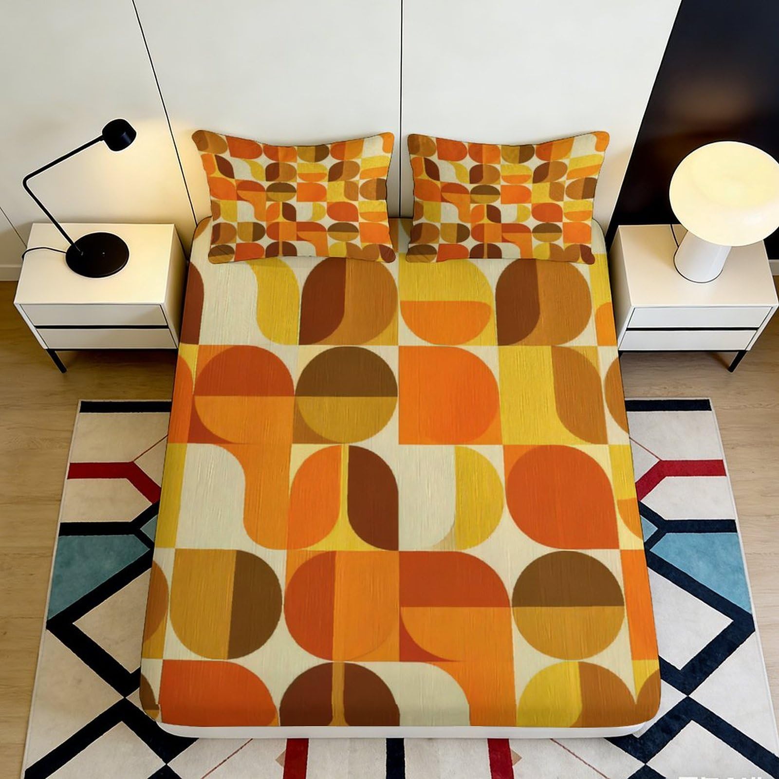 3D Printed Retro Geometric Fitted Sheet Microfiber Orange Yellow Abstract Mattress Cover for Bedroom Guest Room Decor 200x200x25cm