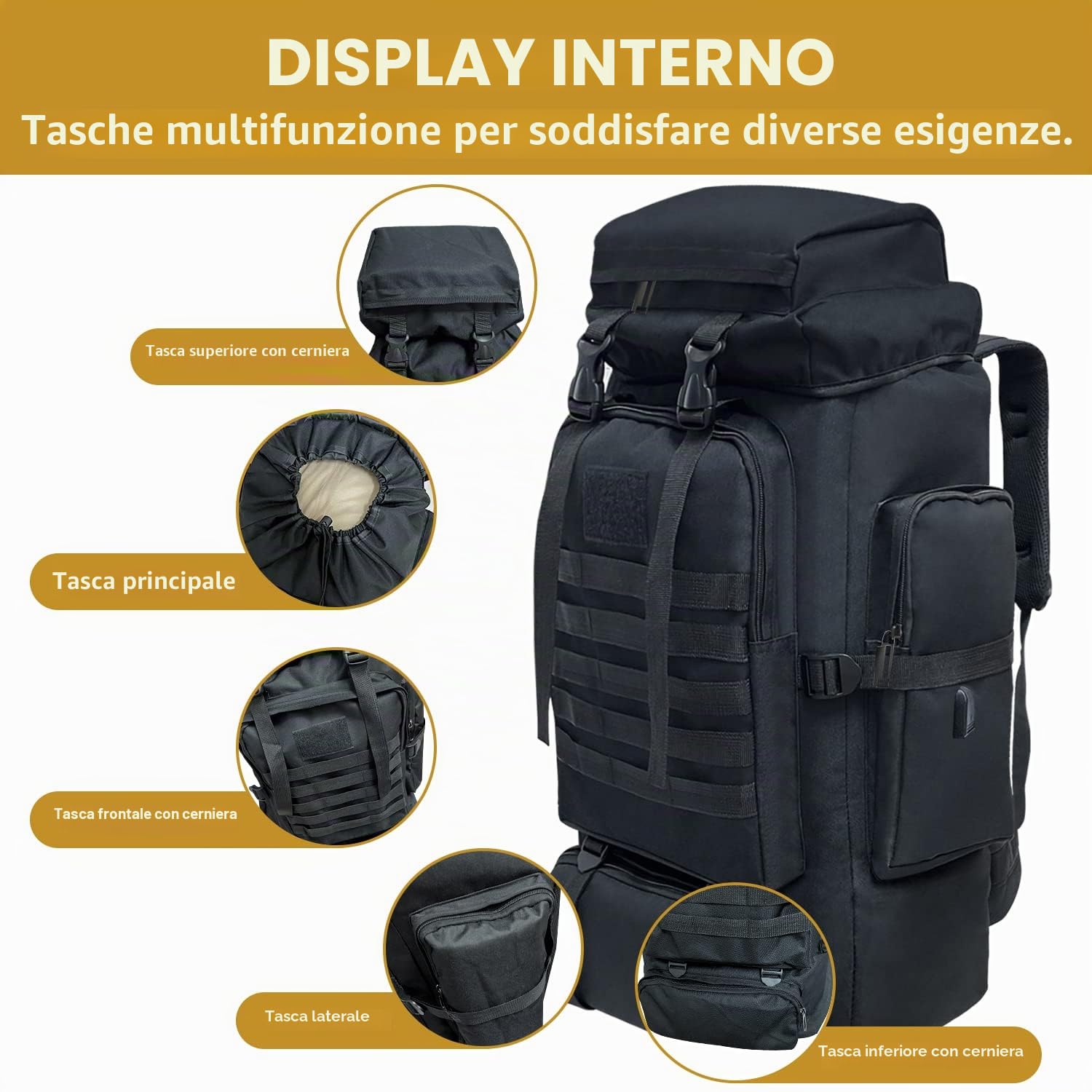 80L Zaino da trekking, Grande Campeggio tattico militare zaino, impermeabile da viaggio Daypack outdoor Molle Zaino per le donne degli uomini (Nero)