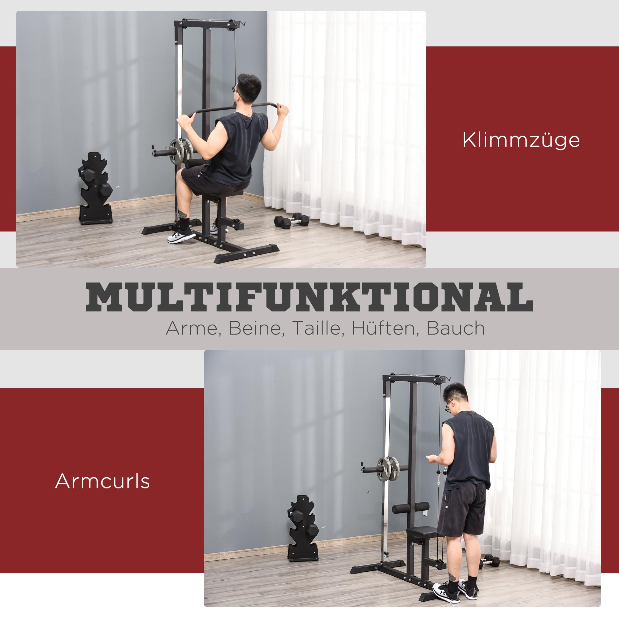 HOMCOM Latzugstation, Verstellbar Latzugturm mit Trizepsstange Latzugstange, Kabelzugstation bis 280kg Belastbar, Fitnessstation, Latzugmaschine, Latzug-Station für Zuhause Stahl Schwarz