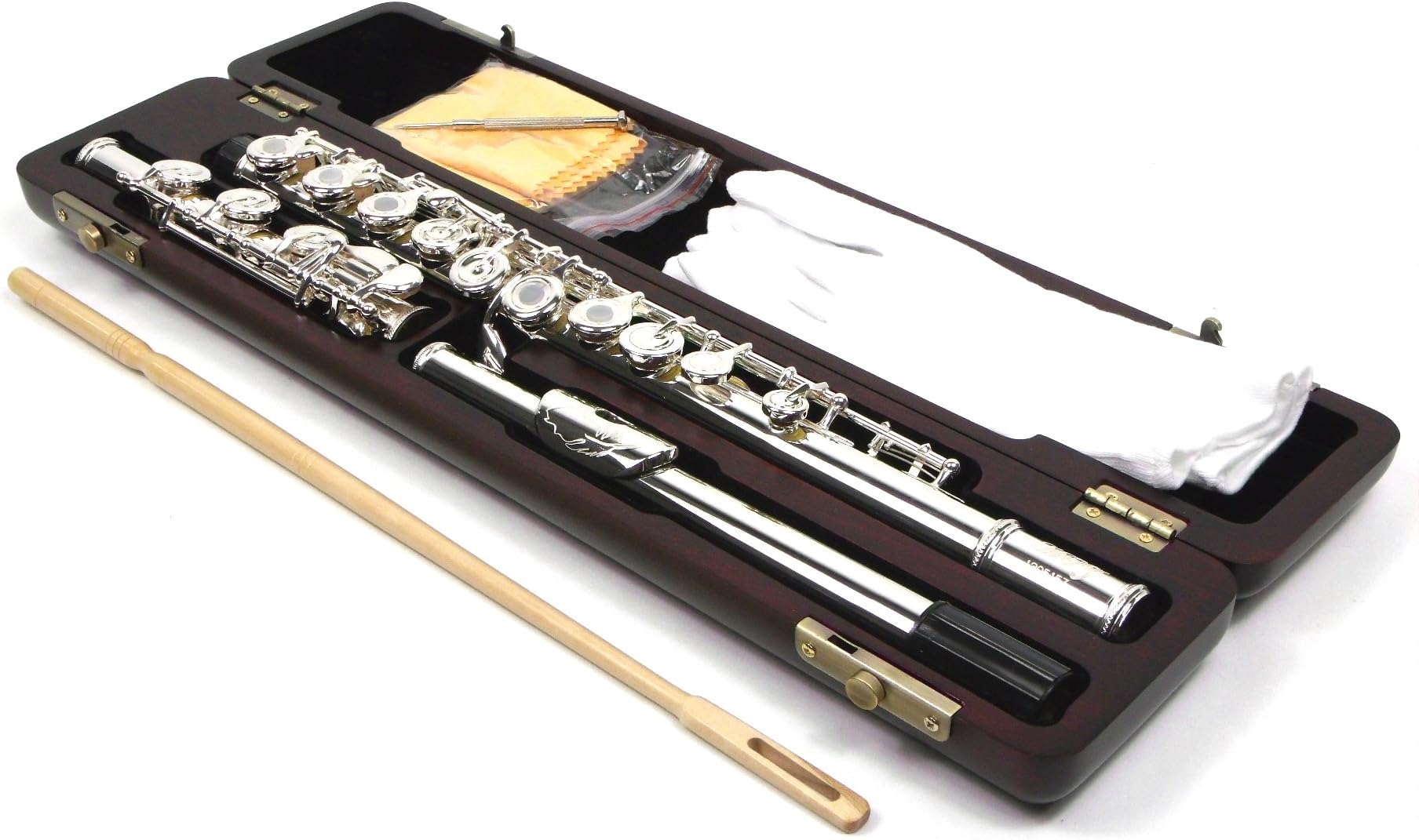 SILVER PLATED 17 KEYS OPEN HOLE FLUTE ENGRAVED MOUTHPIECE & FOOT WITH WOOD CASE