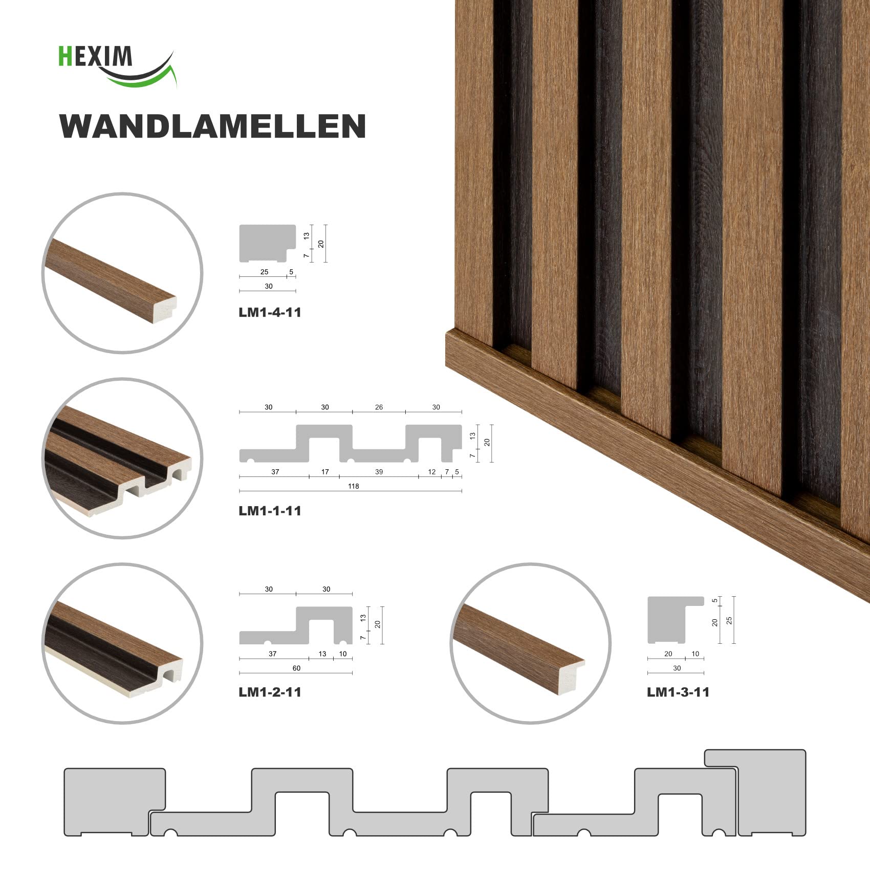 HEXIM Lamellenwand HDPS Polystyrol - Lamellen Wandverkleidung Akustikpaneele Wandpaneele Holz Imitat - (6 Paneele - dunkelbraune Holzstruktur) 3D Wanddeko