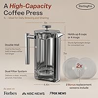 Vista 3 de Cafetera de prensa francesa de acero inoxidable de 1 L (34 onzas) con espejo, prensa de café grande aislada de doble pared, diseño duradero que