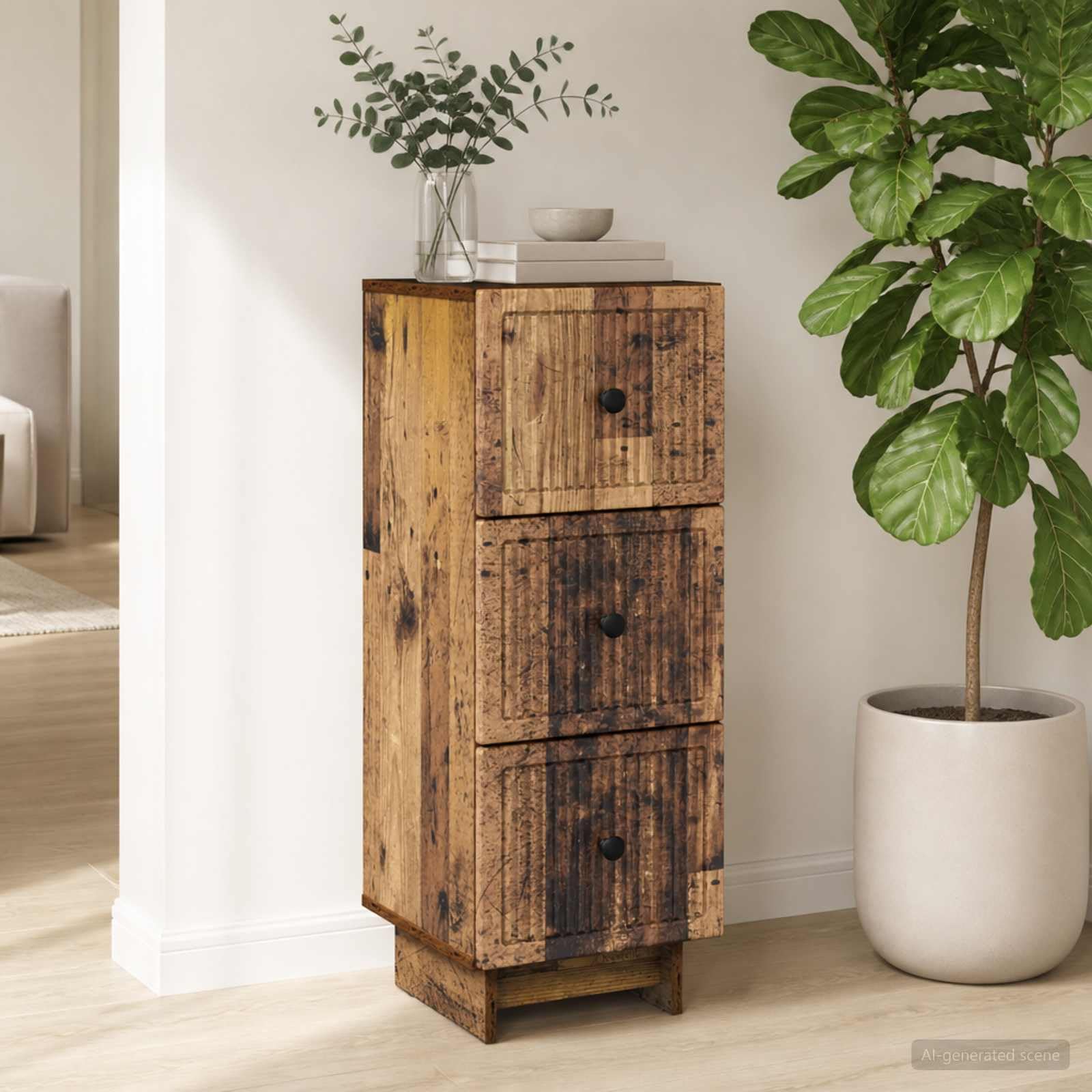 Cassettiera in legno anticato, 33 x 34,5 x 90 cm, con 3 cassetti, per casa, ufficio, corridoio, garage, officina, cantina, organizzazione, sicurezza