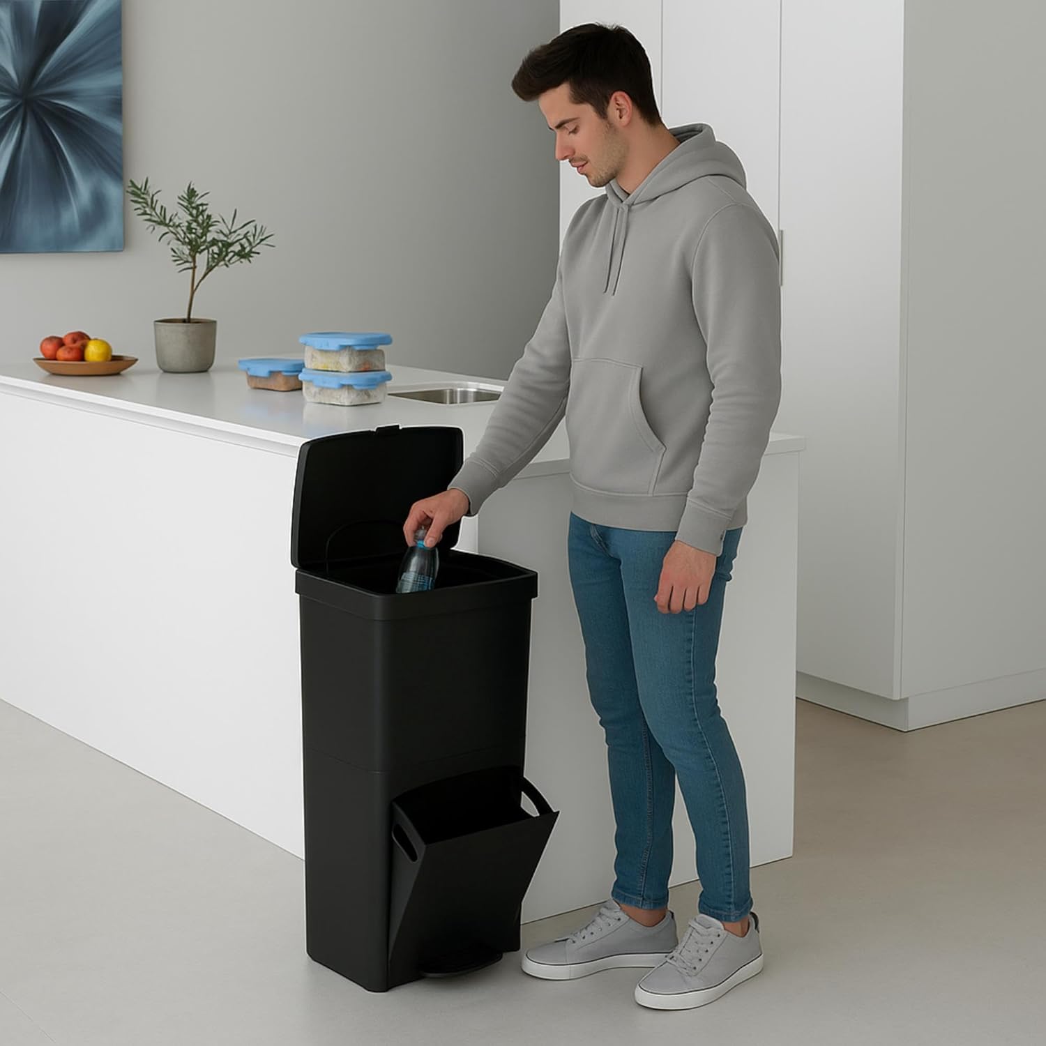 WELL HOME MOBILIARIO & DECORACIÓN 70 Litre Black Vertical 2 Compartment Waste Bin Recycling Bin 76cm Includes Matching 30+40L Bin Liners