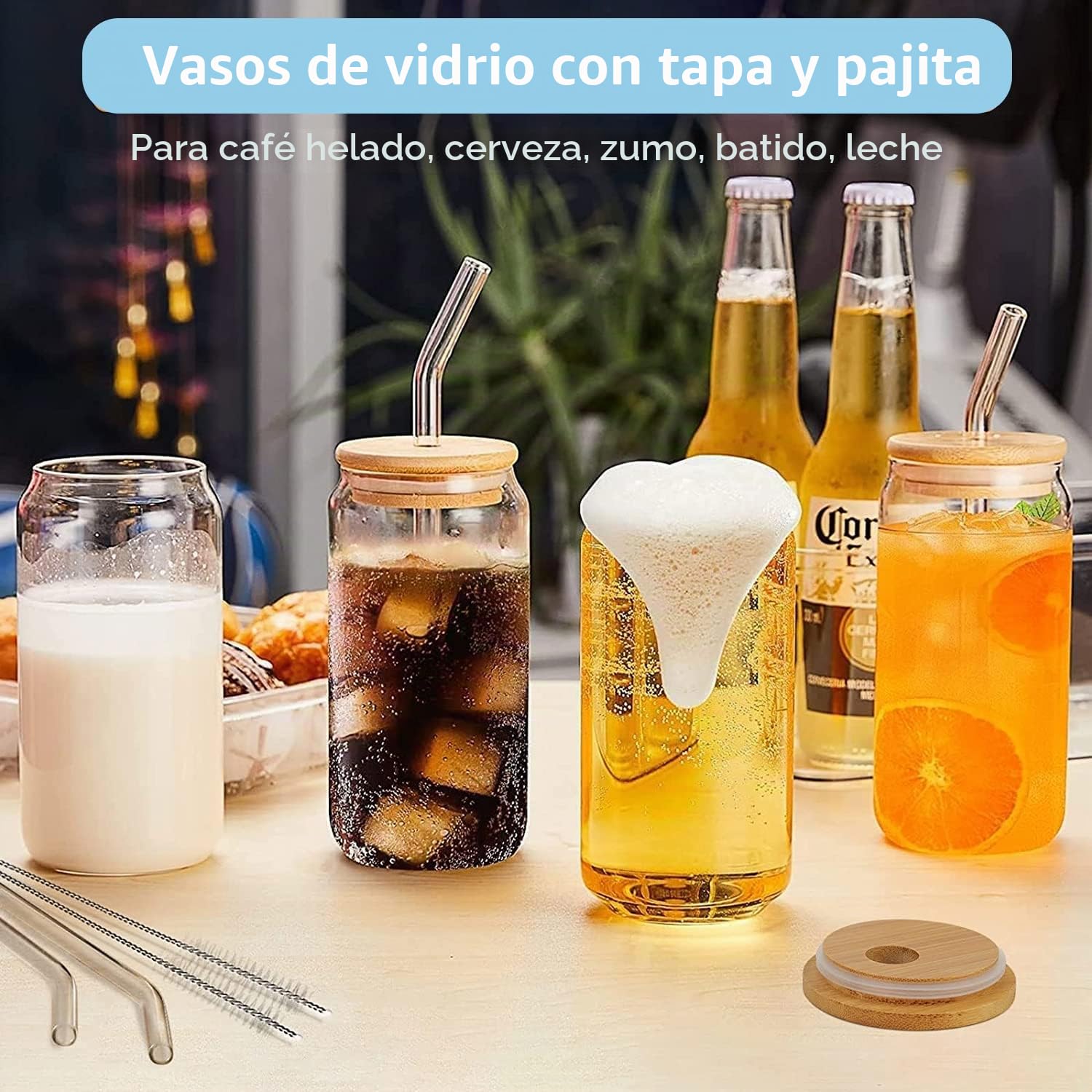 Vasos con tapa y pajita, vasos de café helado, 500 ml, vasos de cristal con pajita, vasos de cristal para batidos, latte, macchiato, whisky (6 unidades)