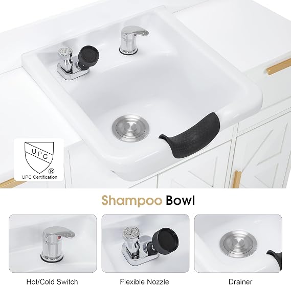 BarberPub Salon Shampoo Bowl Station with Cabinet & Drawer 3439 (All White) | Portable Barber Shampoo Station, Salon Geometric Finish Station, Barber Storage Cabinet with Hair Wash Backwash Sink