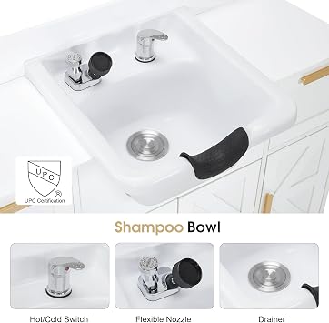 BarberPub Salon Shampoo Bowl Station with Cabinet & Drawer 3439 (All White) | Portable Barber Shampoo Station, Salon Geometric Finish Station, Barber Storage Cabinet with Hair Wash Backwash Sink