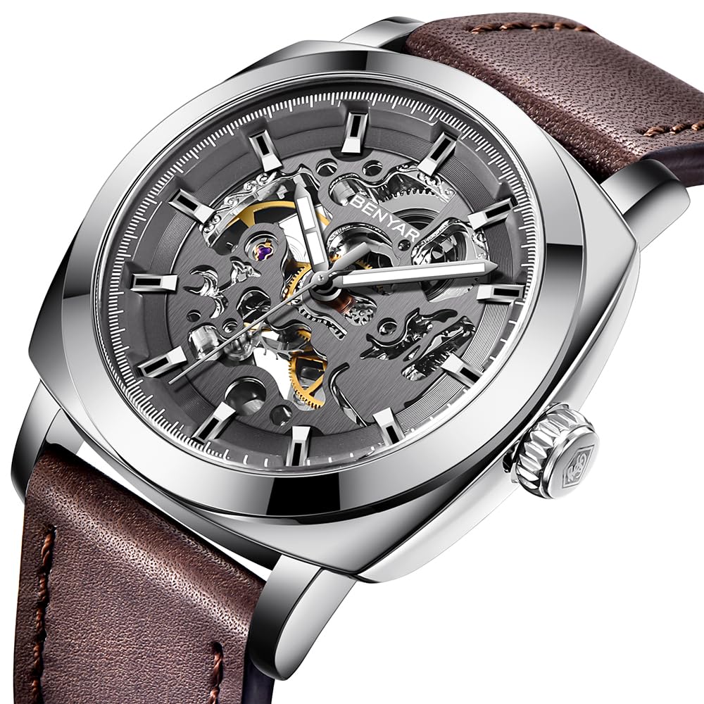 BENYAR - Montre mécanique Automatique pour Homme - Bracelet en Cuir - Mouvement doré - Cadran Squelette de 45 mm - Résistant à l'eau et aux Rayures - Cadeau élégant pour Homme