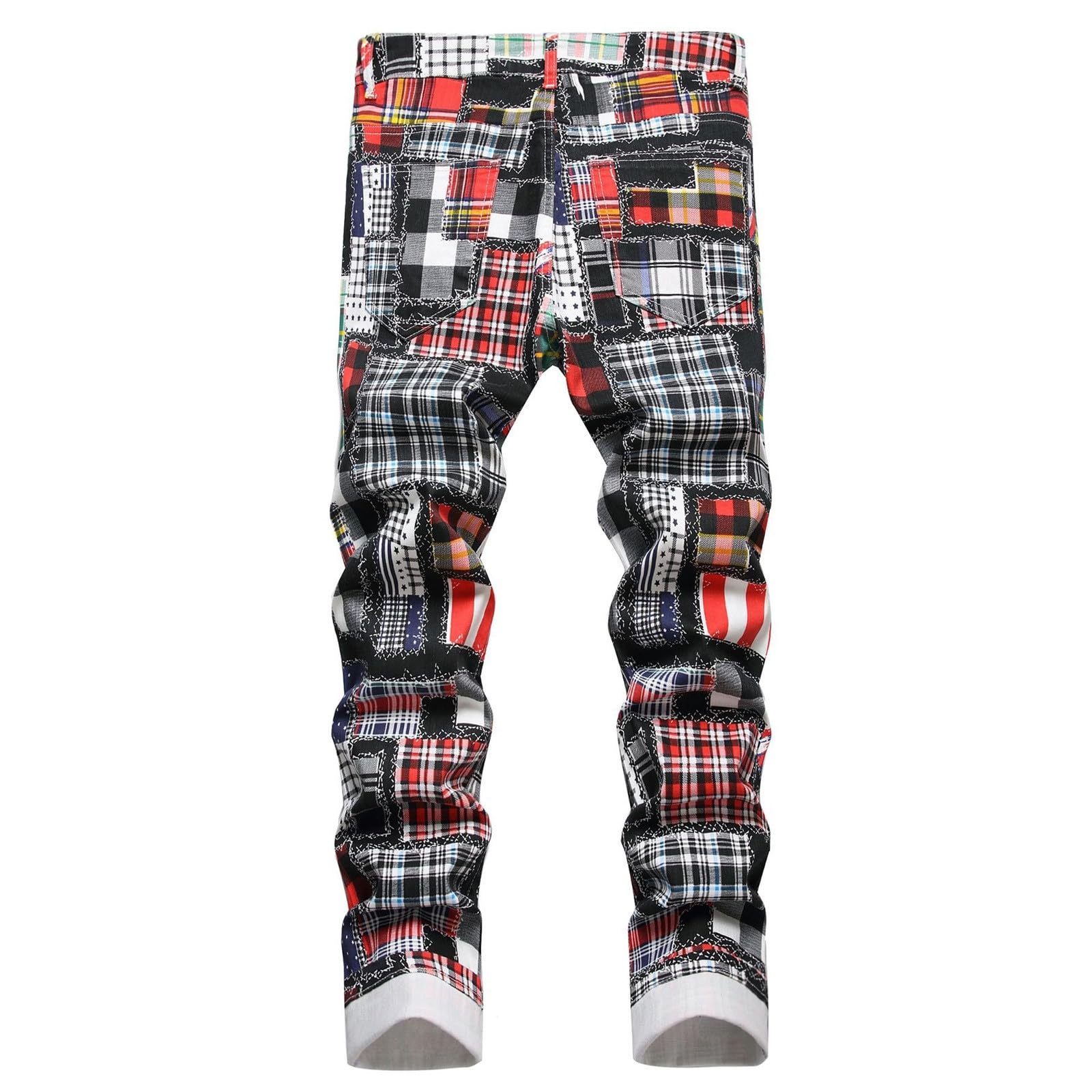 Pantalones Hombre Vaqueros-Pantalones de Mezclilla elásticos Ajustados con Contraste de Color de Cilindro Recto de Retazos a Cuadros con Estampado Digital