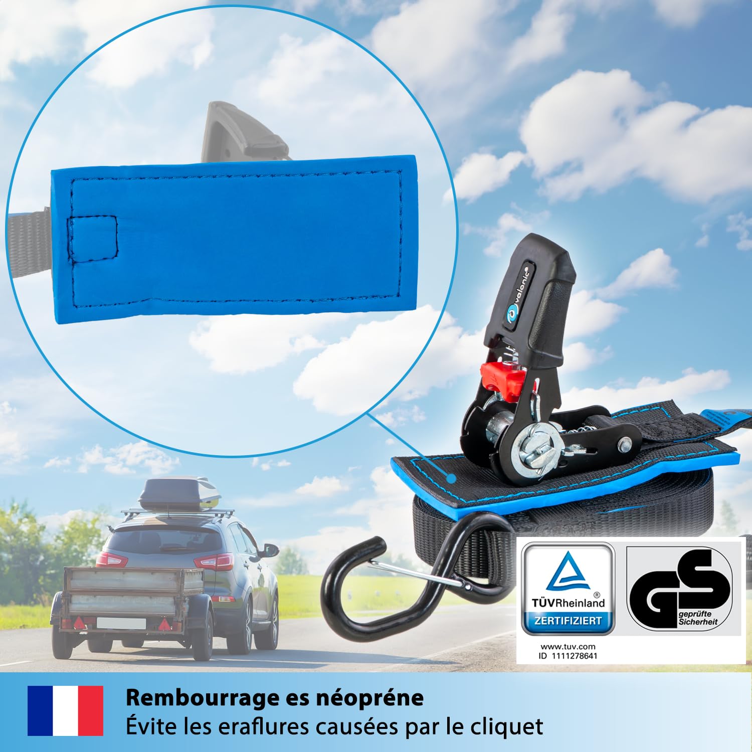 Lot 2 Sangles D'Arrimage 6m Avec Cliquet – 25mm 400/800kg Rembourrées Certifiées TÜV/GS, Pour Moto, Remorque, Voiture