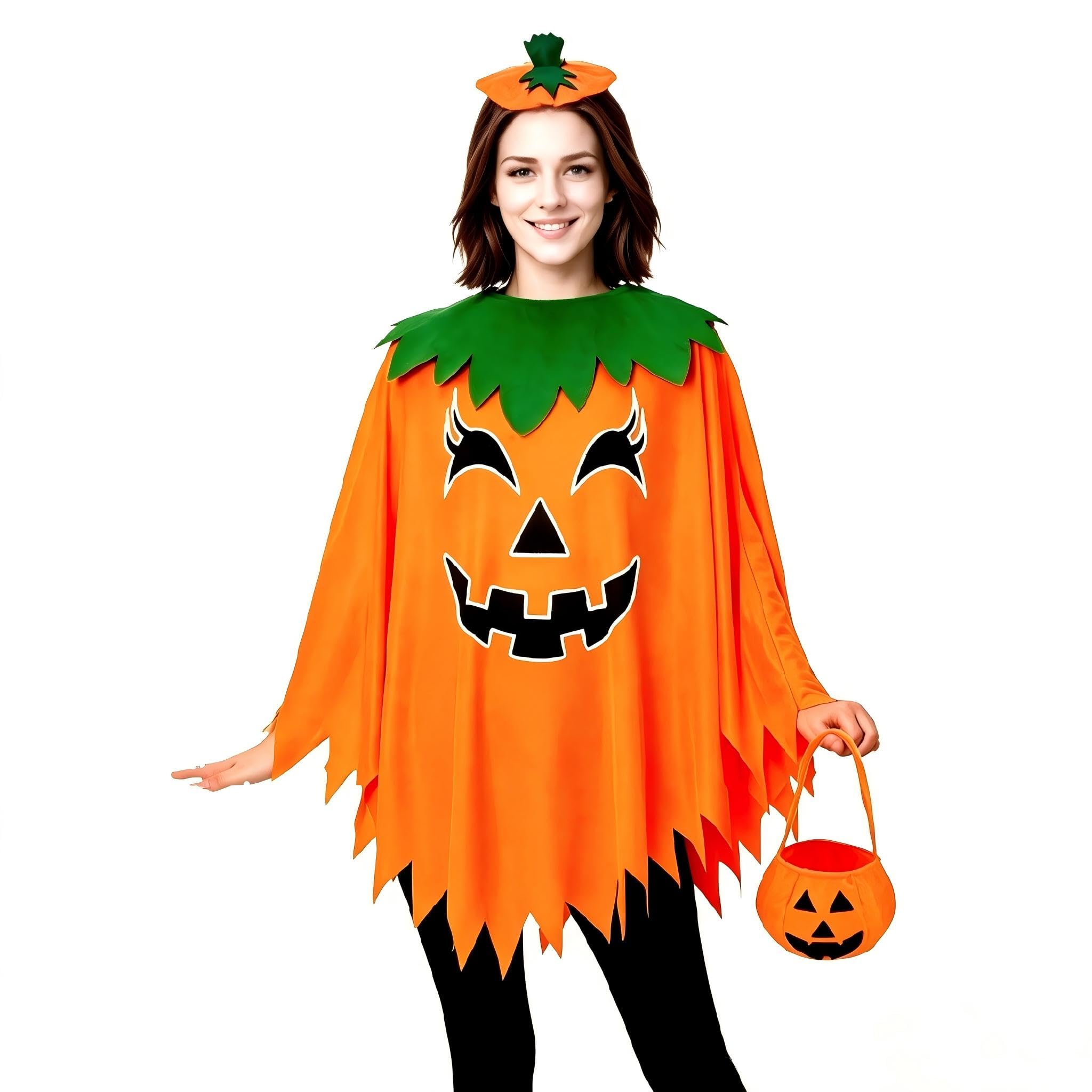 LCOLYDM Halloween Costumes Adult Women, Pumpkin Costume Women, Glow in Dark Pumpkin Cape, 1 Headband and 1 Bag, Ladies Fancy Dress Outfit, 110cm Pumpkin Poncho, Scary Outfits