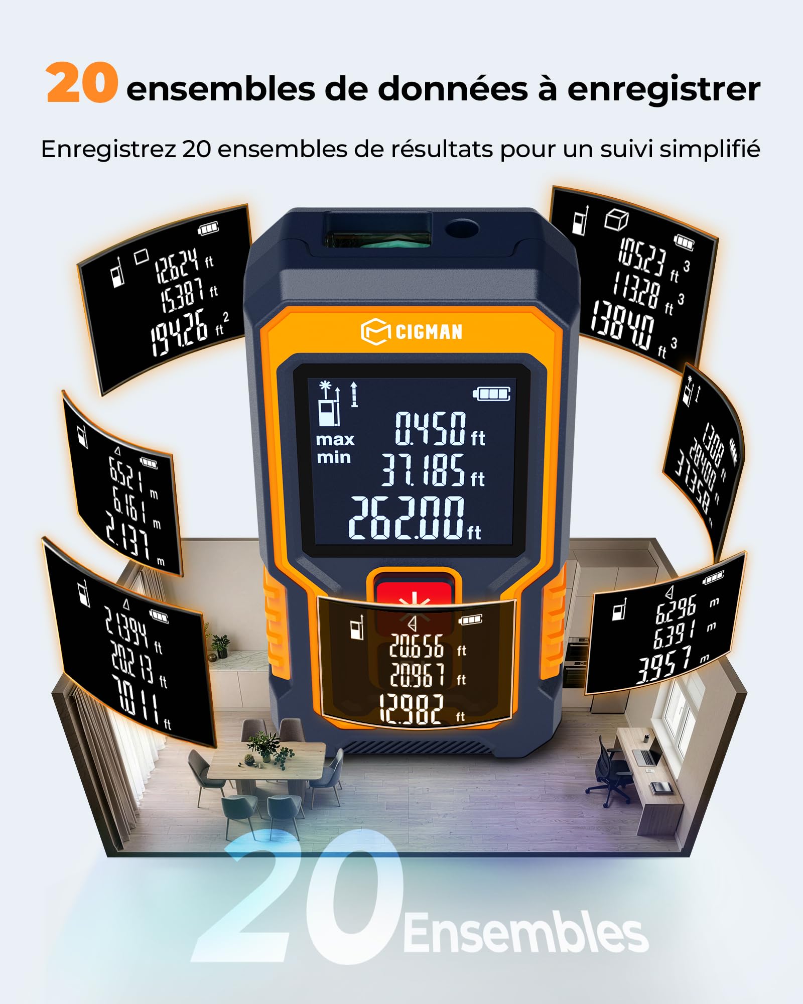 CIGMAN Télémètre Laser 80 m, mètre Laser Compact Rechargeable USB-C 300 mAh, Outil de Laser Mesure pour Longueur, Surface, Volume et Pythagore, référence Avant/arrière