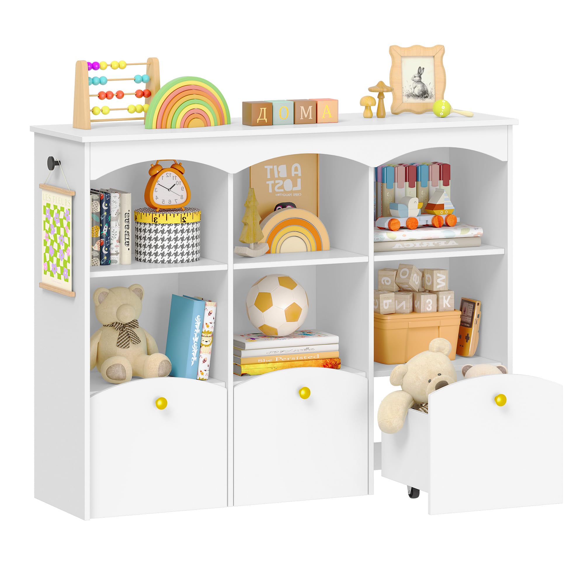 Hzuaneri Kinderregal 103 cm Breite, Kinderzimmer Möbel Weiß | Kinderregal mit 3 Rollboxen, 6 offene Fächer, Spielzeug Aufbewahrung, für Kinderzimmer Wohnzimmer, 30 x 103 x 80 cm, KB33303X