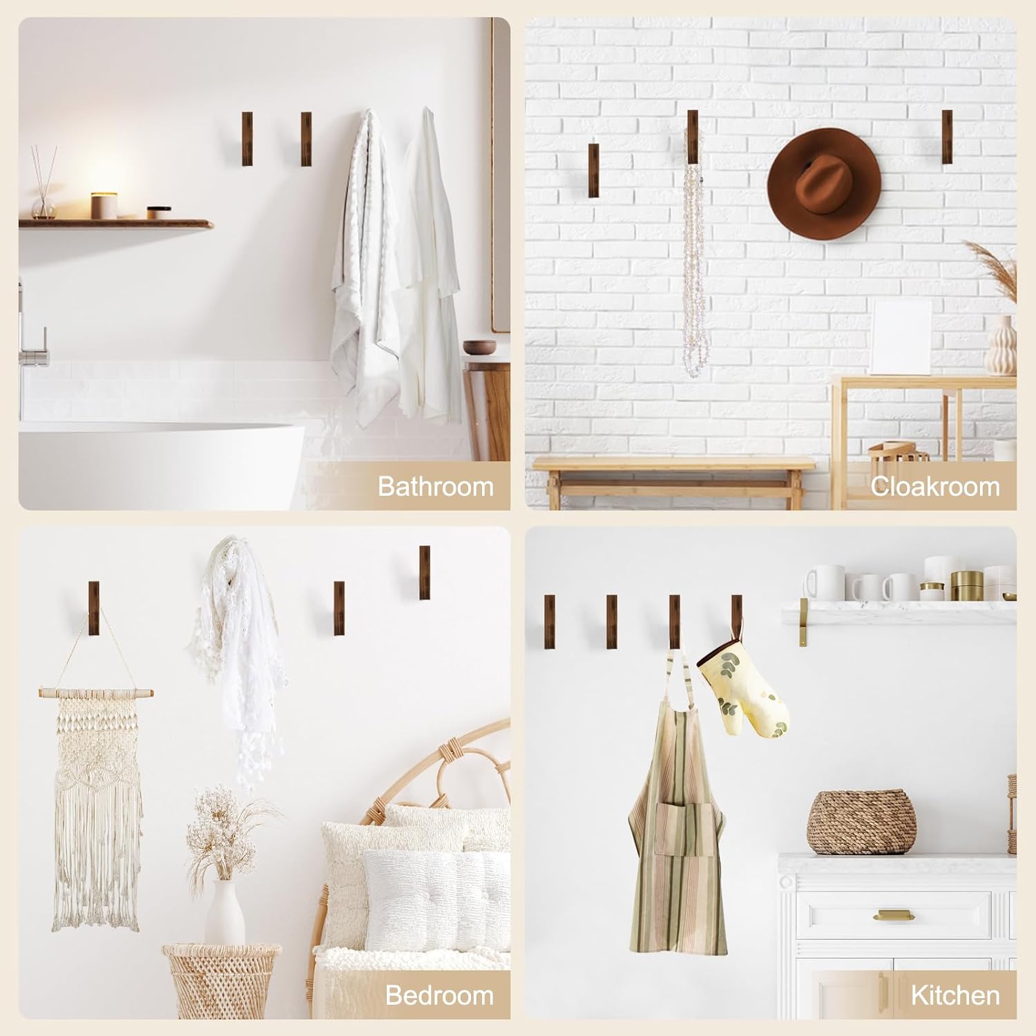 VIS'V Walnut Wall Hooks, Wall Mount Wooden Coat Hooks for Entryway Cubicle, Brown, 4 Pcs - Image 5