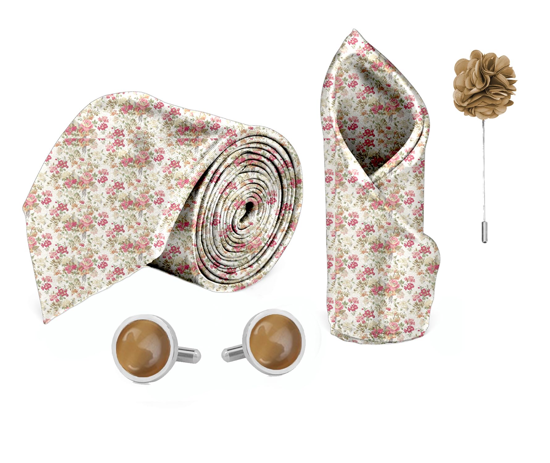 blacksmith Beige Flower Printed Tie and Pocket Square Set for Men with Natural Stone Cufflink and Matching Flower Lapel Pin-picture-38