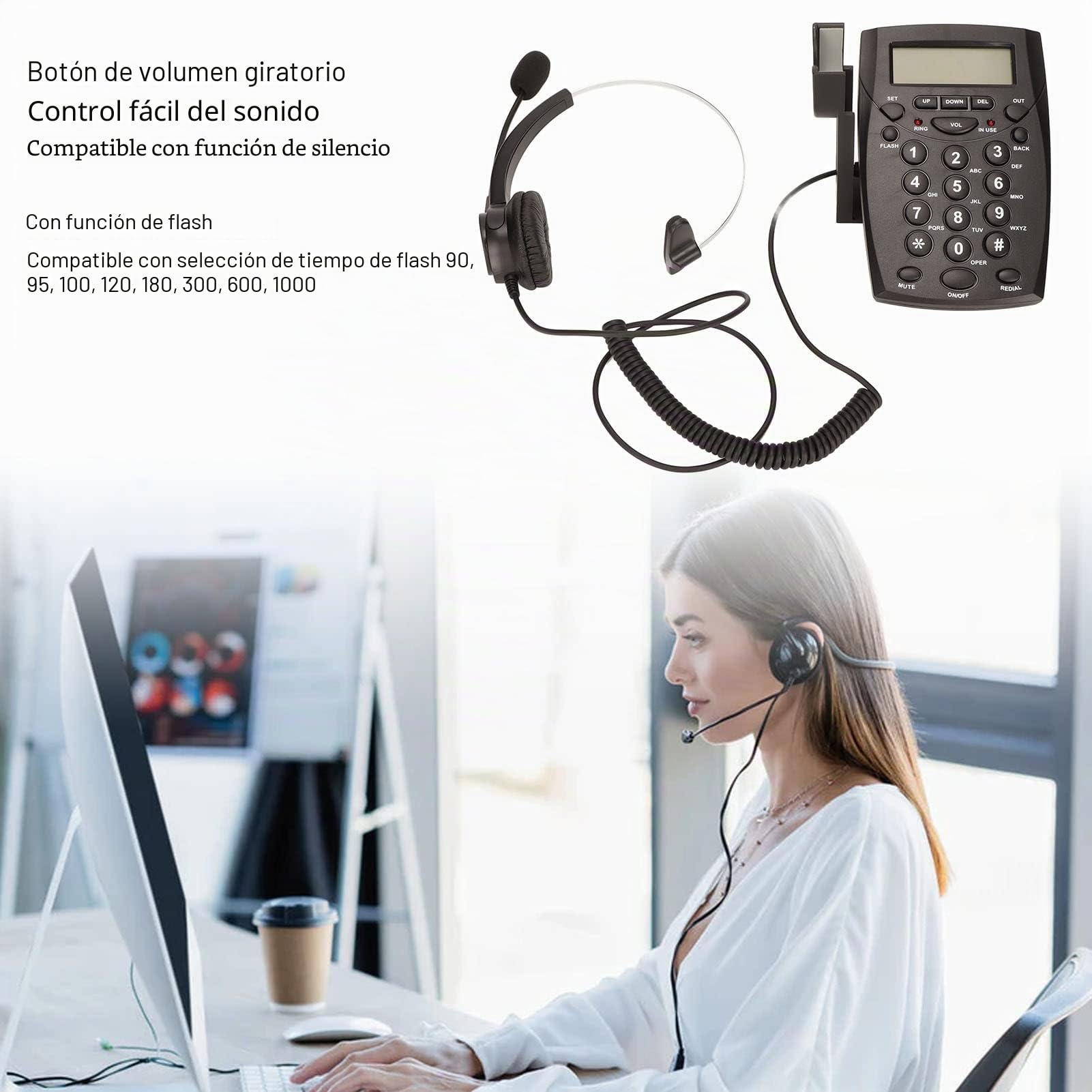 Teléfono de Centro de Llamadas, Teléfono Alámbrico con Cancelación de Ruido, Micrófono de Auriculares, Identificador de Llamadas con Teclado DTMF FSK, Volumen Ajustable, de Teléfono con Auricu
