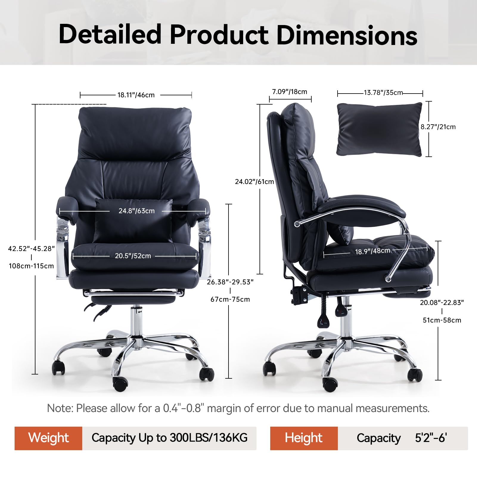 EMIAH Sedia da Ufficio Direzionale con Poggiapiedi, Comoda Sedia Scrivania con Braccioli, Poltrona Ufficio Ergonomica Reclinabile in Pelle PU con Ruote, Sedia per Computer con Cuscino Ispessito, Nero