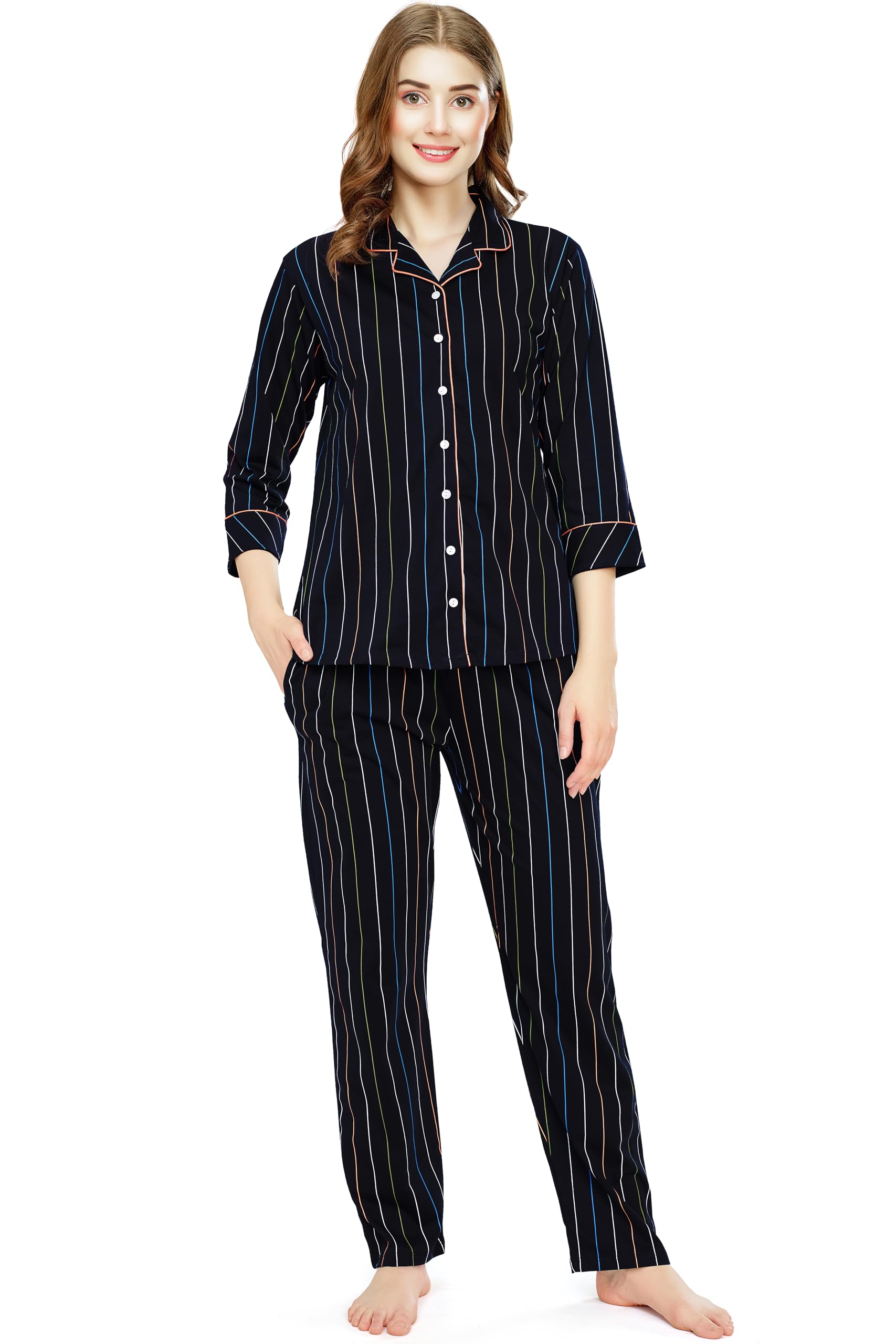 zeyo Night Suit for Women's Stripe Printed Cotton Night Dress of Shirt and Pajama Set 5768-picture-48