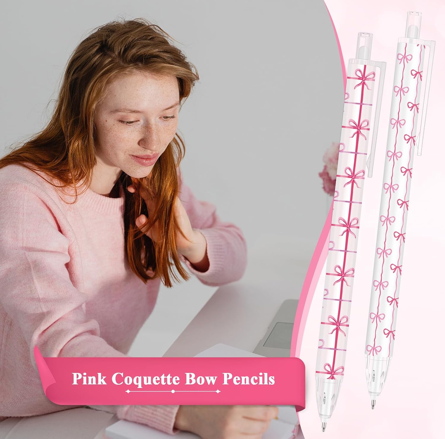Sayglossy 36 Pcs Coquette Party Favors Preppy Pink Bow Pencils Preppy Stuff 6 Styles Aesthetic Retractable Pencils Party Favors Office Supplies Gift for Women Teacher