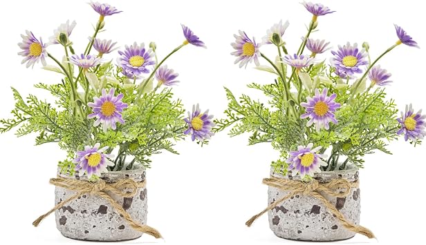 Daisy Artificial Flowers in Cement Vases 2Pcs,Daisies Faux Flowers Farmhouse Home Coffee Table Bookshelf Office Desk Decorations Kitchen Dining Room Fake Plants IndoorPurple