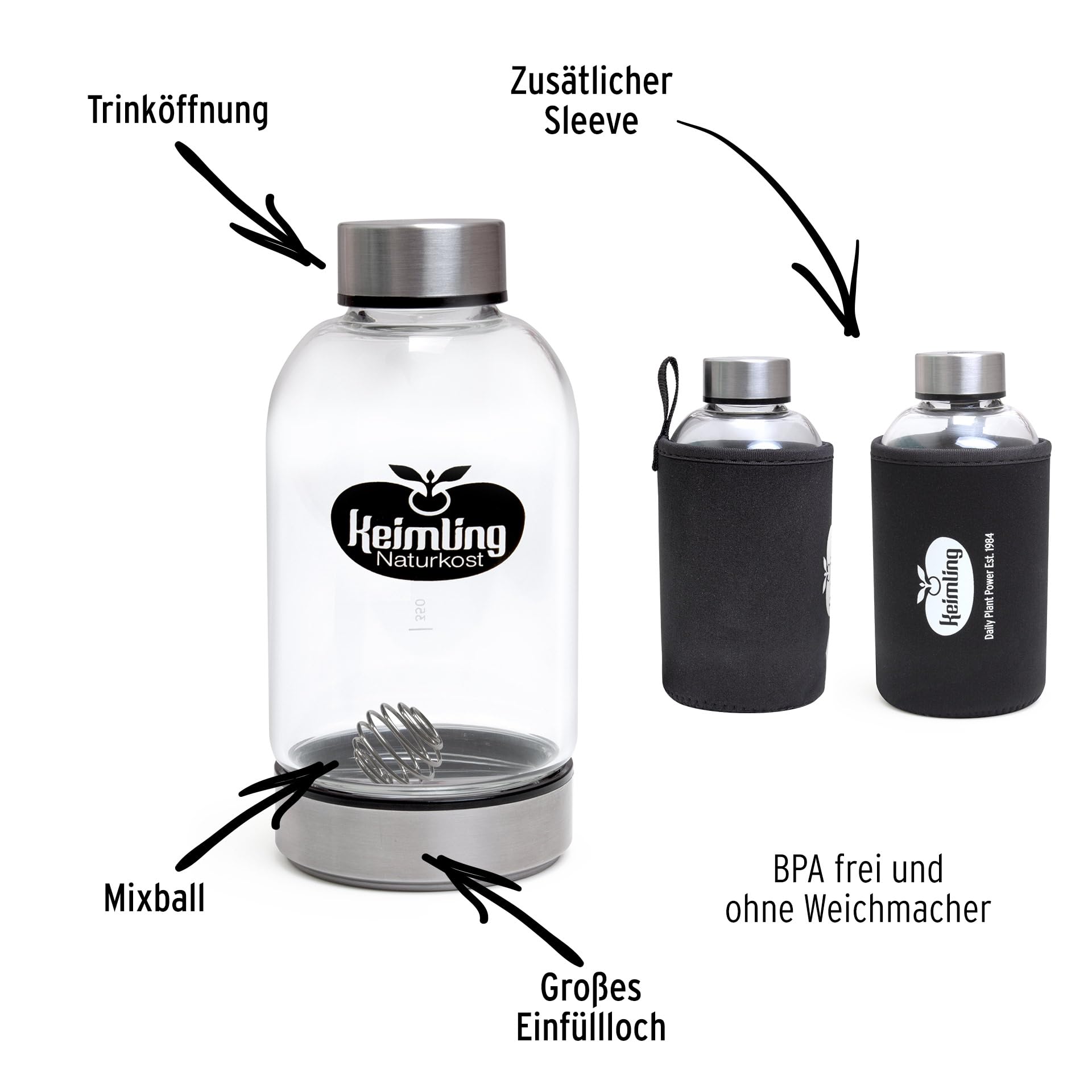 Keimling Bio Vegan Proteinshake Mix Bundle 2000 g – 4 vegane Proteinpulver Natural, Blueberry, Pink Pitaya & Pure Choc – pflanzliches Eiweiß in Bio-Qualität inkl. Glasshaker