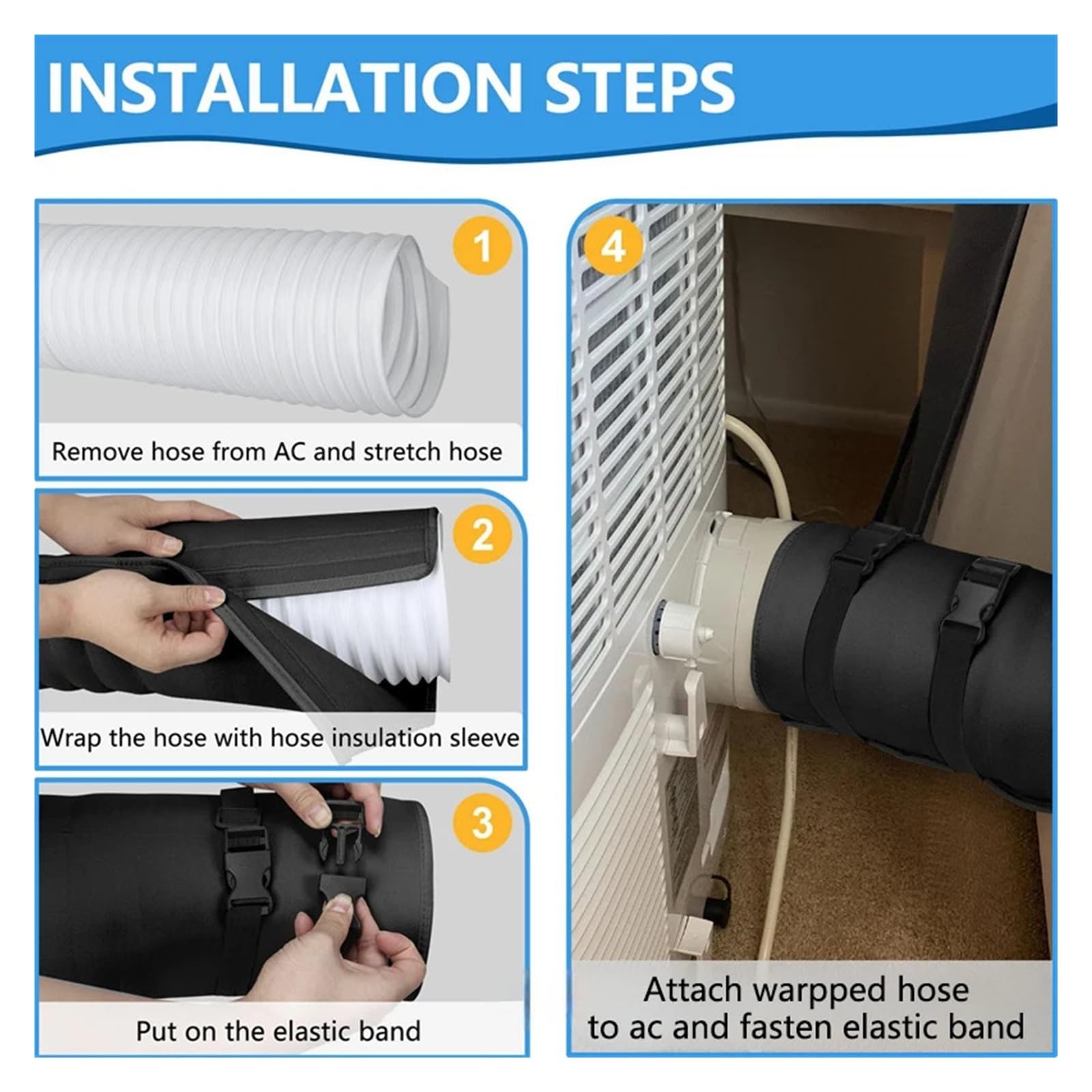 Ac Hose Cover With Adjustable Buckle Straps Waterproof Insulated Air Conditioner Hose Wrap Heat Insulation Protector AC exhaust cover(Black)