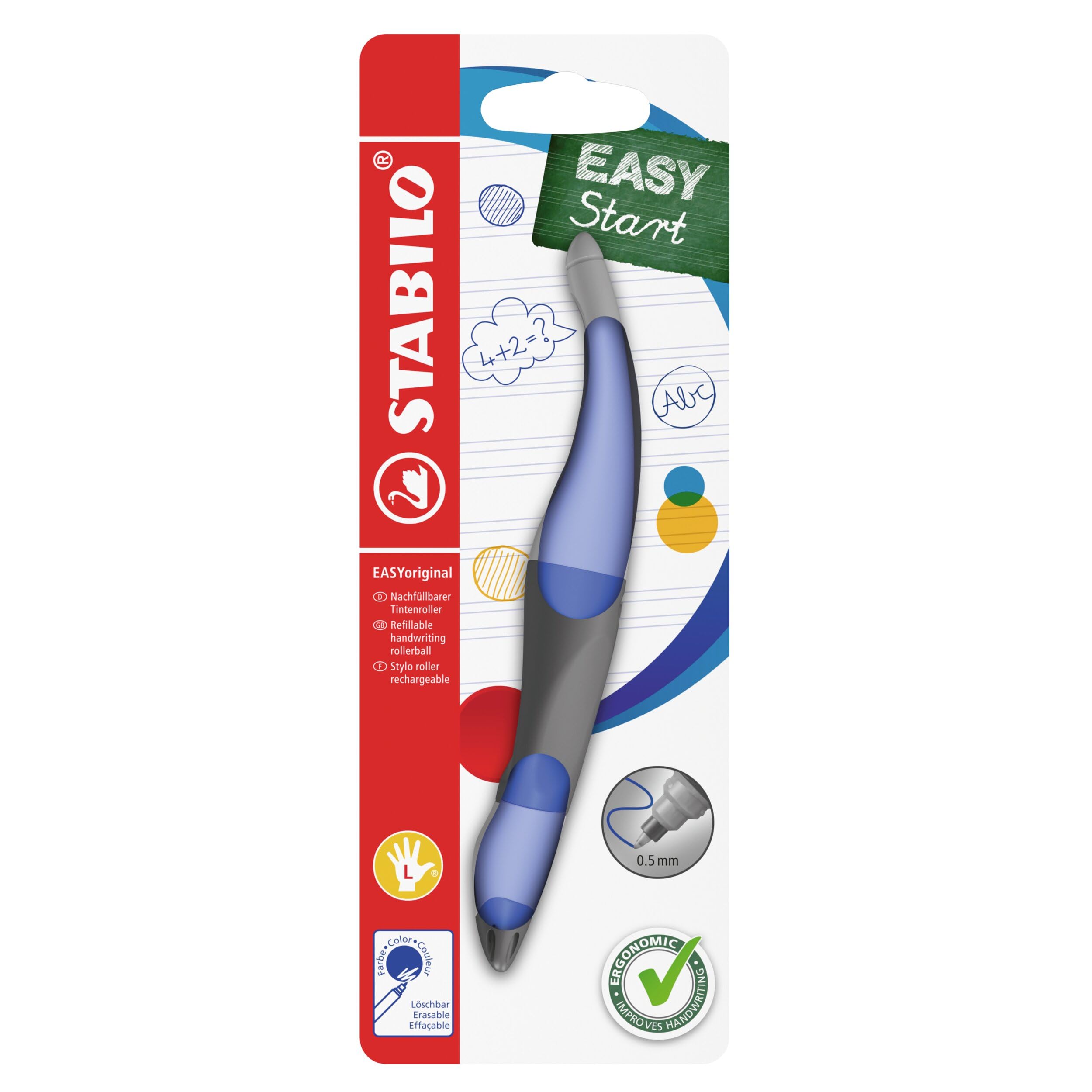 STABILO - Ergonomischer Tintenroller für Linkshänder - EASYoriginal Pastel in Wolkenblau - blau (löschbar) - inkl. Patrone - Blister