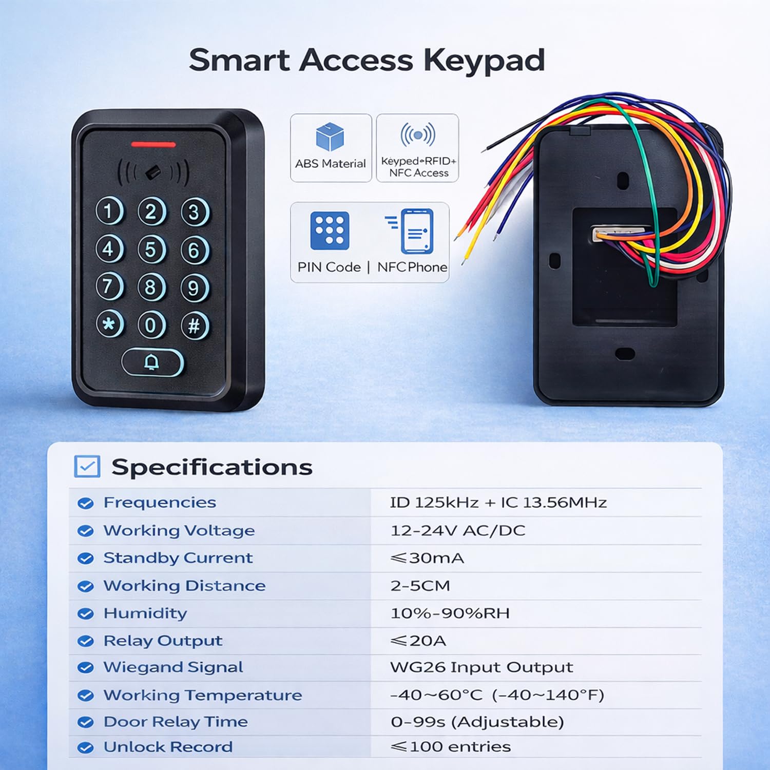 RFID Zutrittskontrollsystem Set mit Dualfrequenz (ID + IC/NFC) – IP68 Controller mit beleuchteter Silikon-Tastatur, DC 12V 3A Netzteil, Exit-Taster und 10× 125kHz RFID Schlüsselanhänger(5)