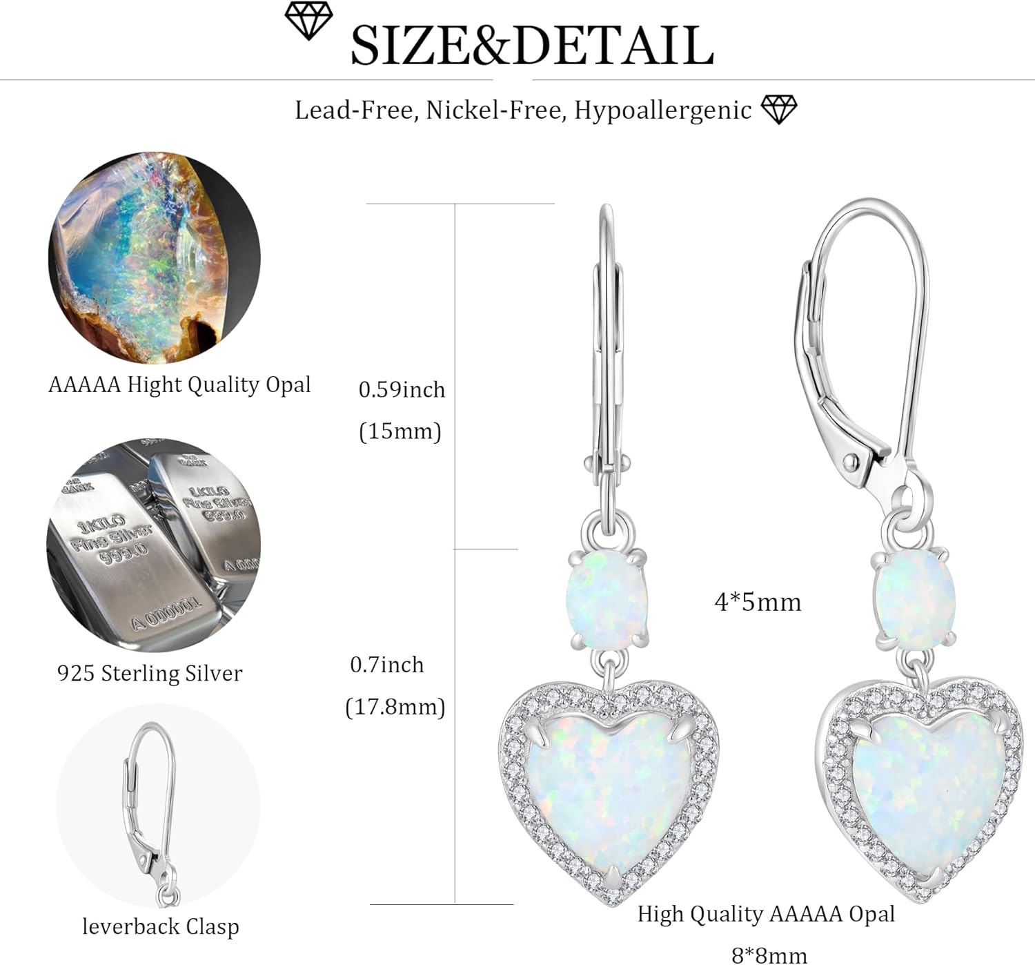 Opal Earrings for Women 925 Sterling Silver Infinity/Heart Opal Dangle Drop Leverback Earrings Hypoallergenic Jewelry for Women